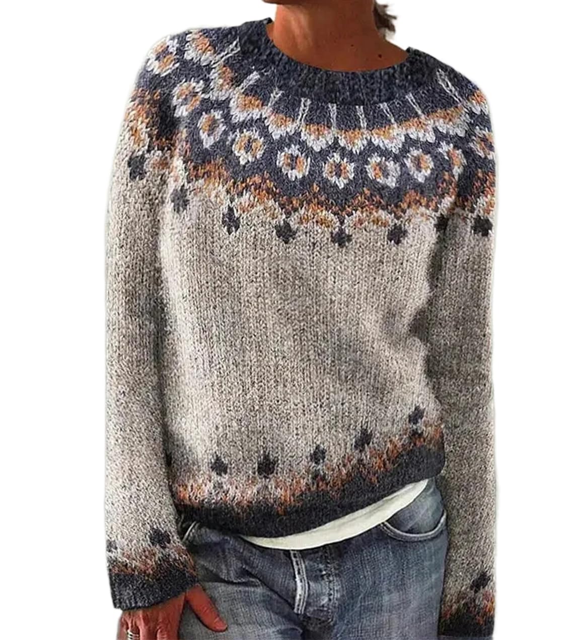Women's Fair Isle Knit Pullover Sweater Oversized Casual Loose Crewneck Vintage Striped Long Sleeve Jumper Tops