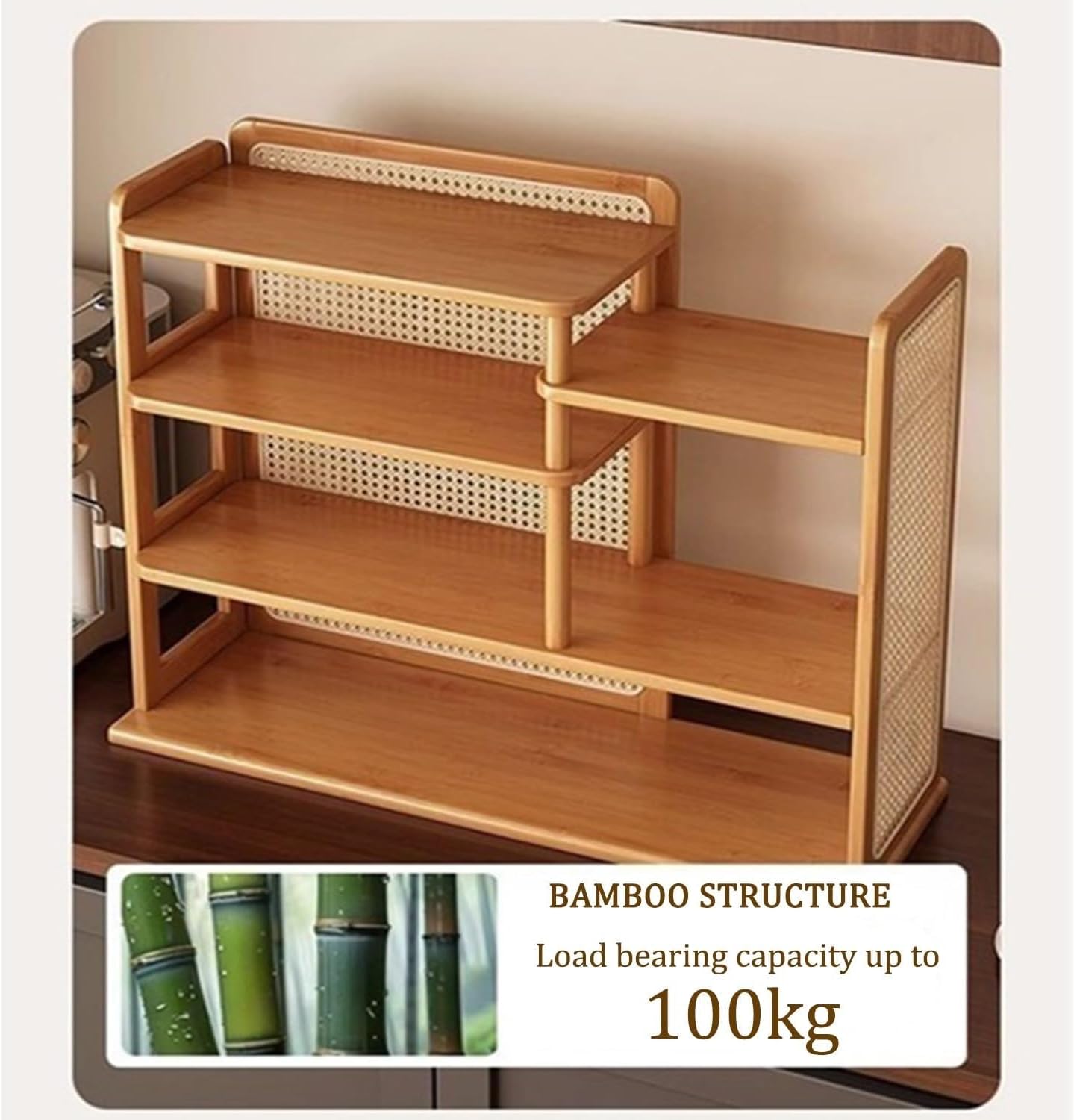 Home Furnishing Multi-Layer Rattan Coffee Mug Display Rack Vintage Countertop Wood Storage Cabinet for Kitchen Dining Room Office(Brown,19.7x8.7x20 in)