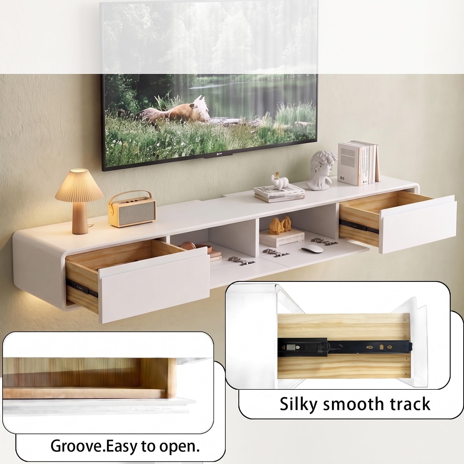 Mueble de TV de Madera Maciza,Mueble de TV Flotante, Mueble Bajo de Pared para TV, Adecuado para el Salón y el Dormitorio,Blanco 240CM-LED