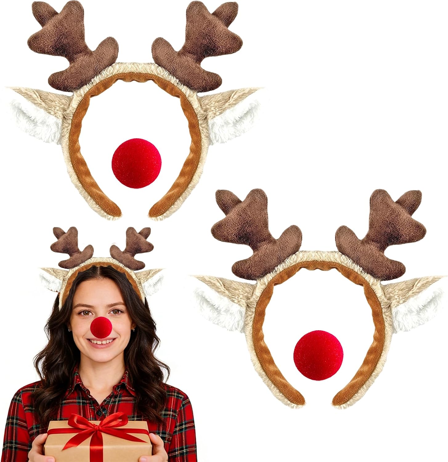 2 PCS Reindeer Antlers Headband, Deer Ears Costume with 2 PCS Red Nose Cute Fluffy Animal Hairbands