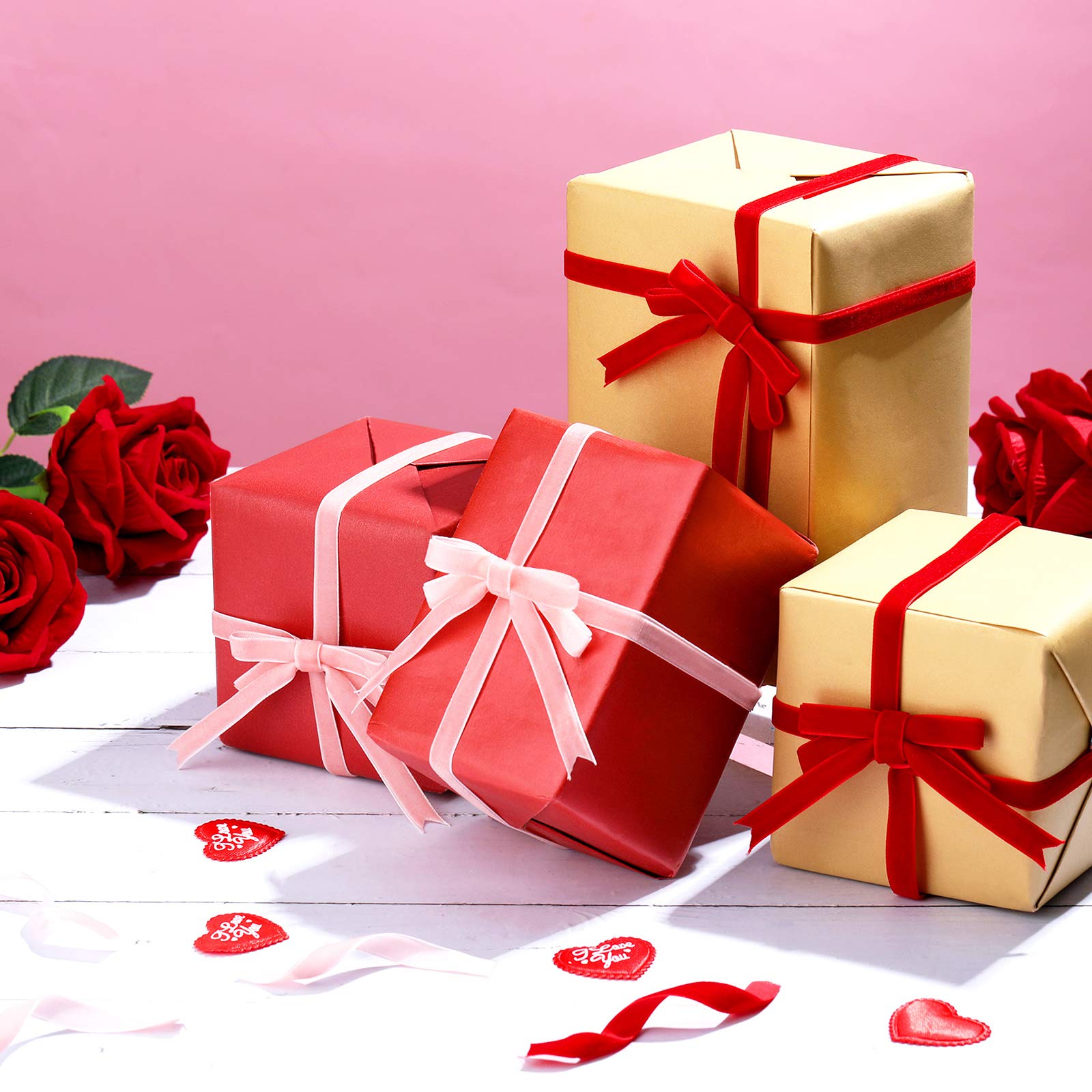 2 Rollen Valentinstag Samtband 3/8 Zoll x 25 Yard Einseitig Breites Einfarbiges Samtband für Valentinstag Basteln Verpackung Hochzeit DIY Dekoration Geschenke, Rot, Rosa