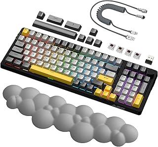 AJAZZ AK992 GASKET Hotswap Mechanical Keyboard&Ergonomic Cloud Wrist Rest&Coiled USB C Cable,LIGHTSYNC RGB,4000mAh 2.4Ghz/BT5.0/USB-C,99 Keys Grey Custom Gaming Keyboard with Volume Knob(Brown Switch)