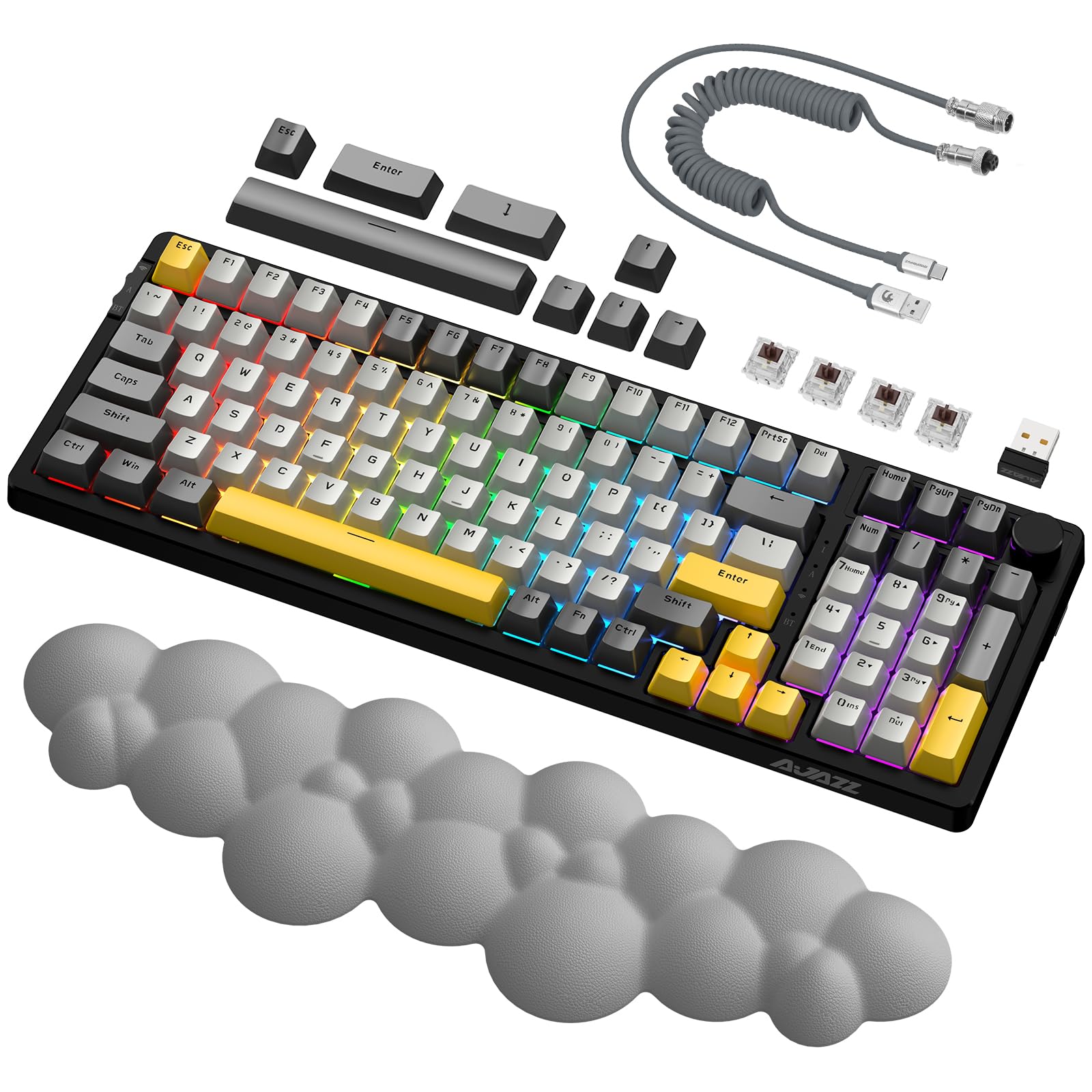 A.JAZZ AK992 GASKET Tastiera Meccanica Hotswap & Poggiapolsi Ergonomico & Cavo USB C A Spirale, 4000mAh 2.4Ghz/BT5.0/USB-C, Tastiera Gaming RGB con Manopola del Volume (Interruttore Marrone)-Grigio