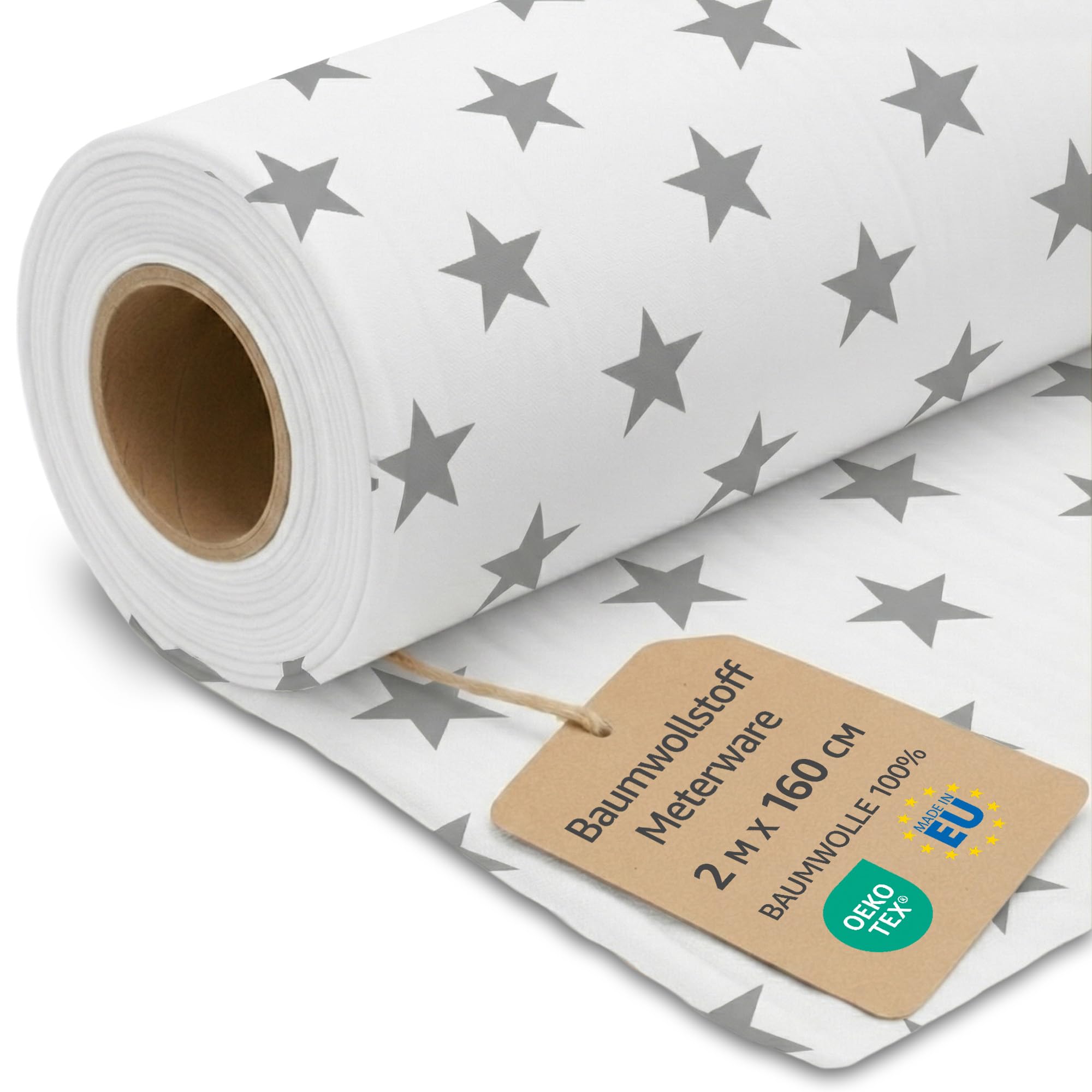 Fabric by the Meter Cotton 2 M x 160 cm - Fabrics for Sewing Decoration and DIY Projects Ideal for Clothing Home Textiles and craftwork Oeko-Tex Gray Stars On White — image 1
