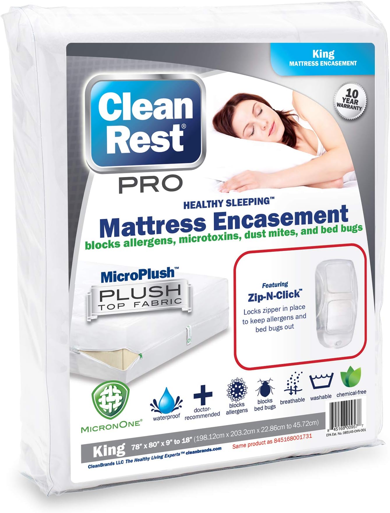 CleanRest Pro Mattress Protector Encasement, MicroPlush Fabric, Ultimate Sleep Surface Protection with Patented MicronOne Technology, Zip-N-Click Security, EZ-Fit, Waterproof (King)