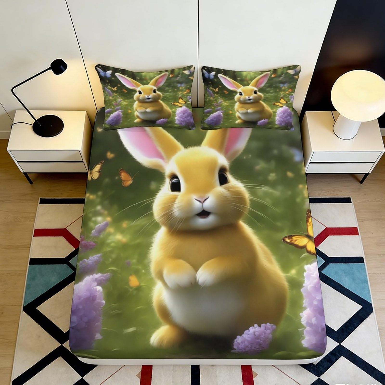 3D Printed Cute Yellow Bunny Fitted Sheet Microfiber Soft Floral Meadow Mattress Cover for Bedroom Guest Room Decor 120x200x25cm