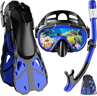Snorkeling Set with Mask, Fins & Dry Top for Adults | Tempered glass mask with silicone skirt, dry top snorkel & quick-release adjustable fins for diving and swimming