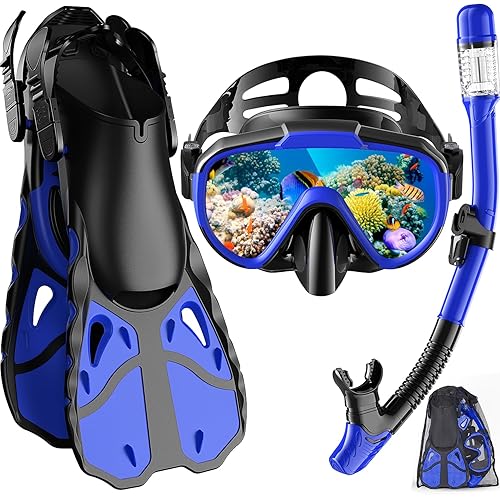 Snorkel Set with Fins for Adults, Snorkeling Gear for Adults Men and Women, Snorkle, Mask Set Adults Dry Top Snorkel Mask Combo Set with Travel Bag for Snorkeling, Diving, Swimming