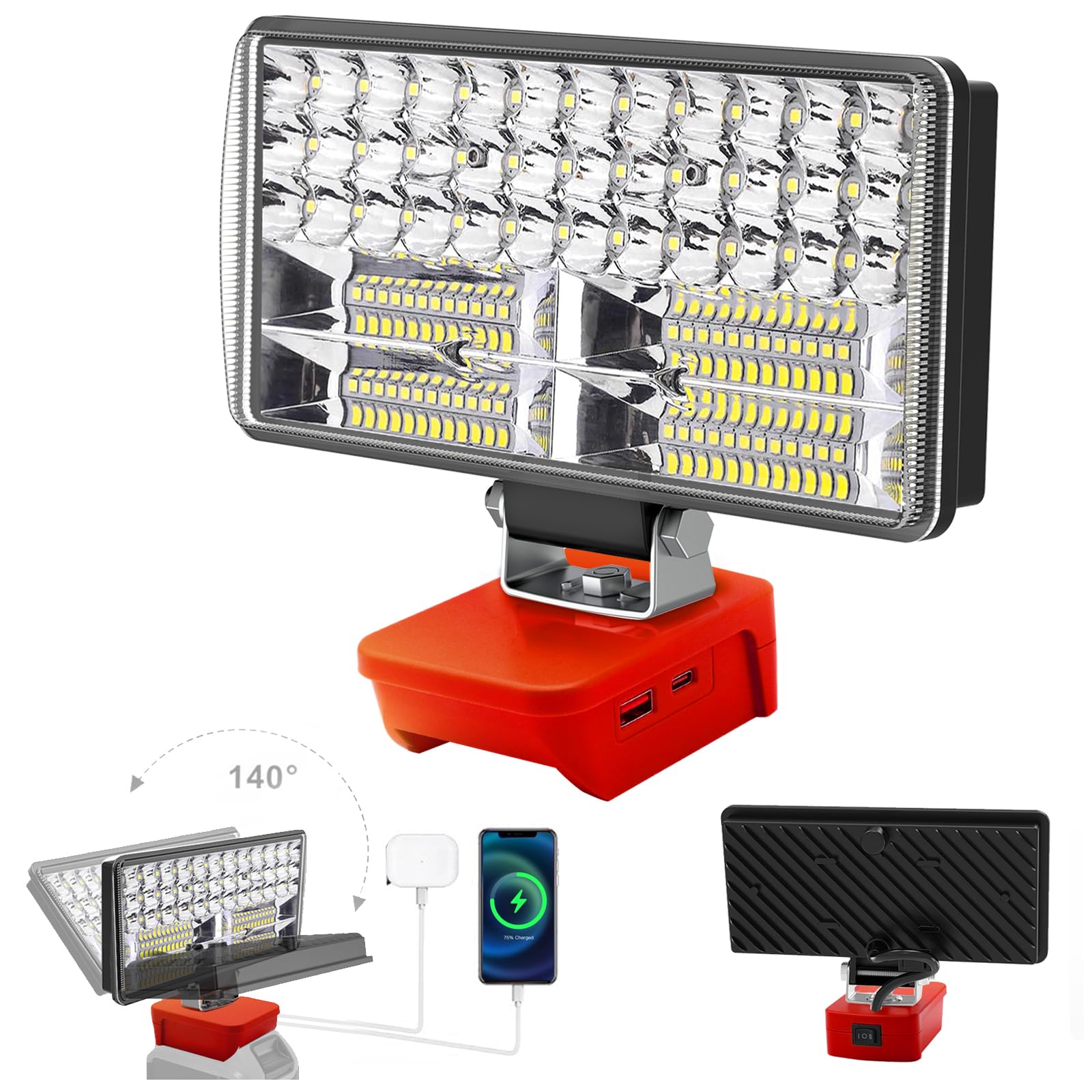 Luz Compatible con La Batería Milwaukee 18V/20V,Lámpara de Trabajo Led Sin Cuerda 60W 6000Lm Recargable Linterna con Protección de Baja Tensión Y Usb,Lámparas de Inundación Impulsadas Por Baterías Led