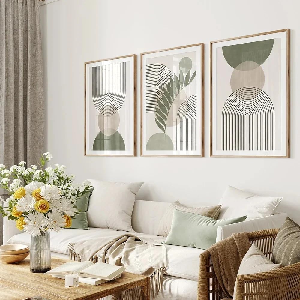 Stampe di poster botanici color verde salvia nordico, immagini astratte, boho e geometriche, quadri su tela per la decorazione della casa (50x75 cm/3 pezzi senza cornice)