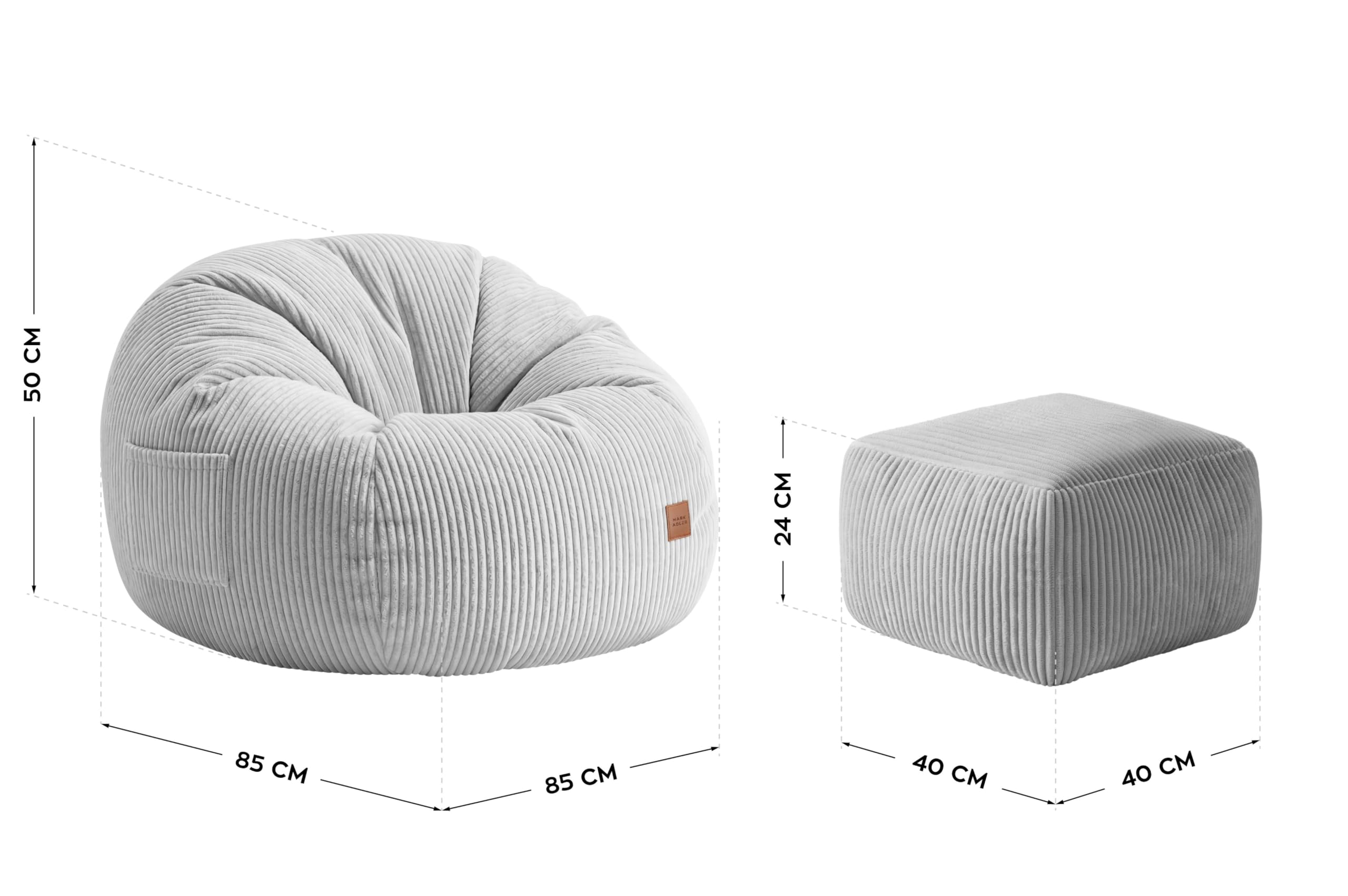 MARK ADLER Comfy 3.0 ogromny worek do siedzenia XL z podnóżkiem, dla dorosłych, szary | Duży fotel i pufa ze sztruksu z uchwytem – 125 x 85 x 50 cm wygodny – wypełnienie piankowe – do sypialni i salonu