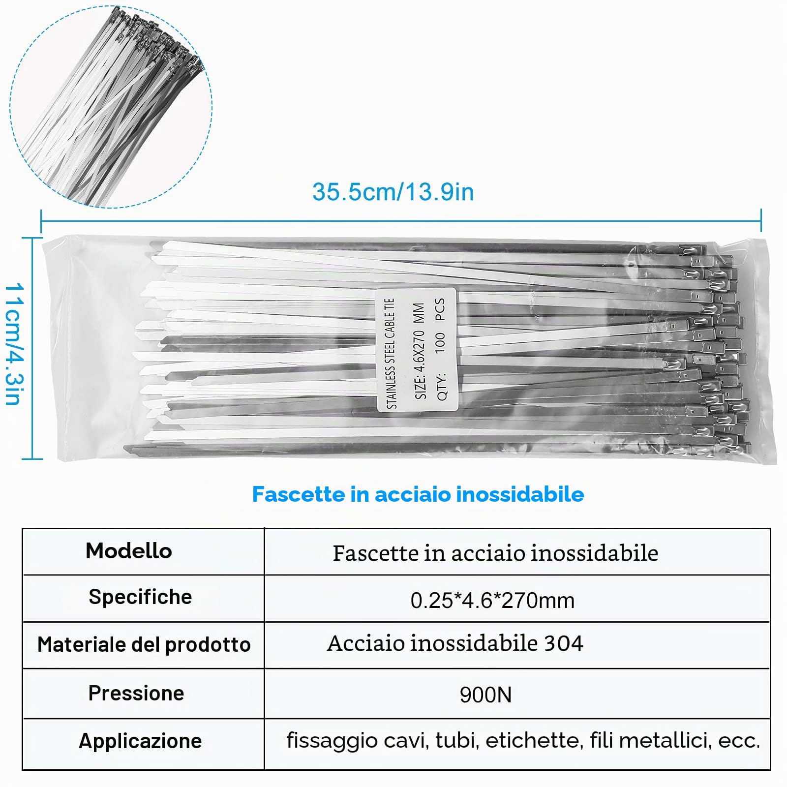 Pistola per fascette metalliche con fascette per cavi in acciaio inossidabile da 200 pezzi 4.6 * 270mm