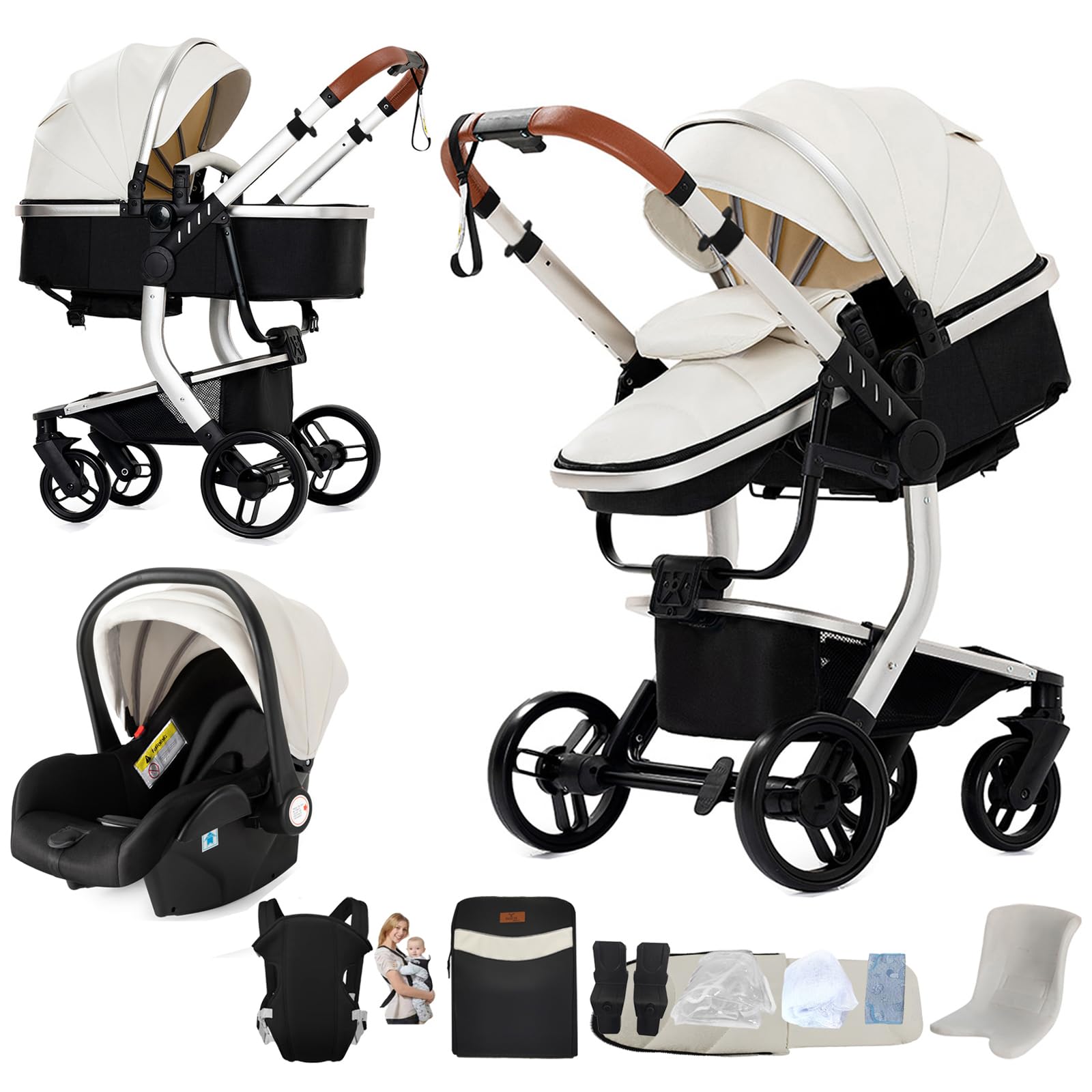 PU-Leder Kinderwagen 3 in 1, Aluminium Kombikinderwagen, Faltbarer Babywagen Set (518 White)
