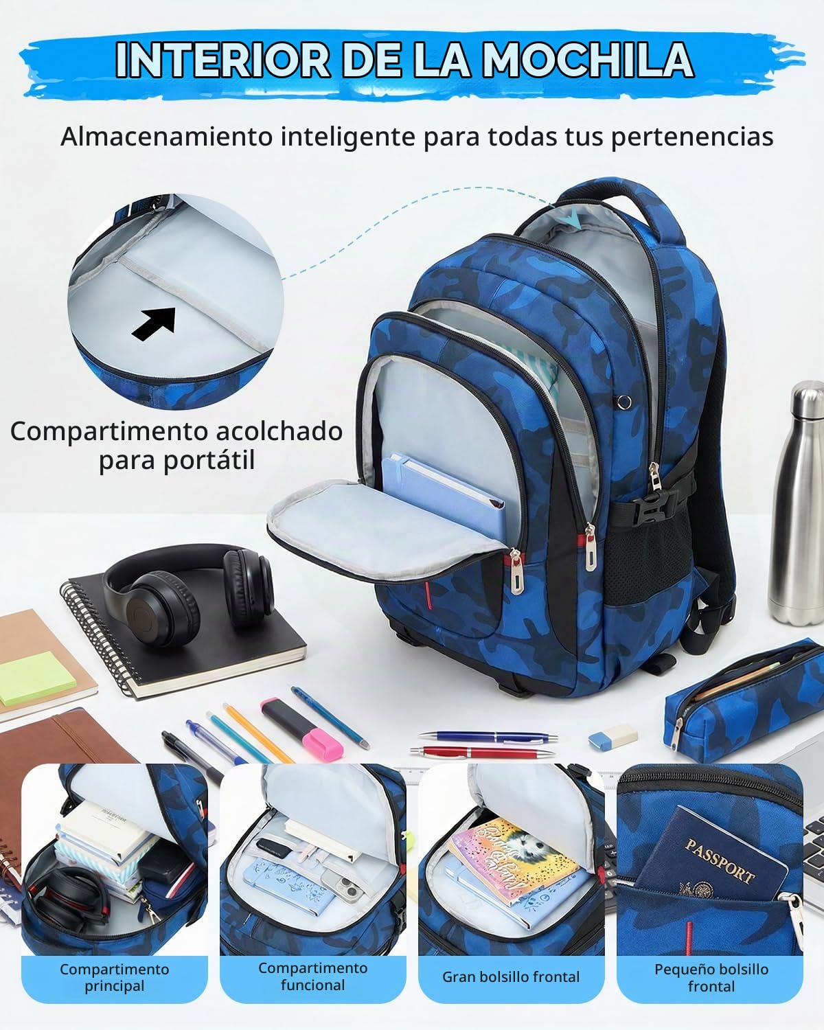 Mochila con Ruedas para Adolescentes Chicos, Mochilas Escolares con Carrito Desmontable, Mochilas de Camuflaje de Moda para Instituto Mochila Casual para Viajes, Azul