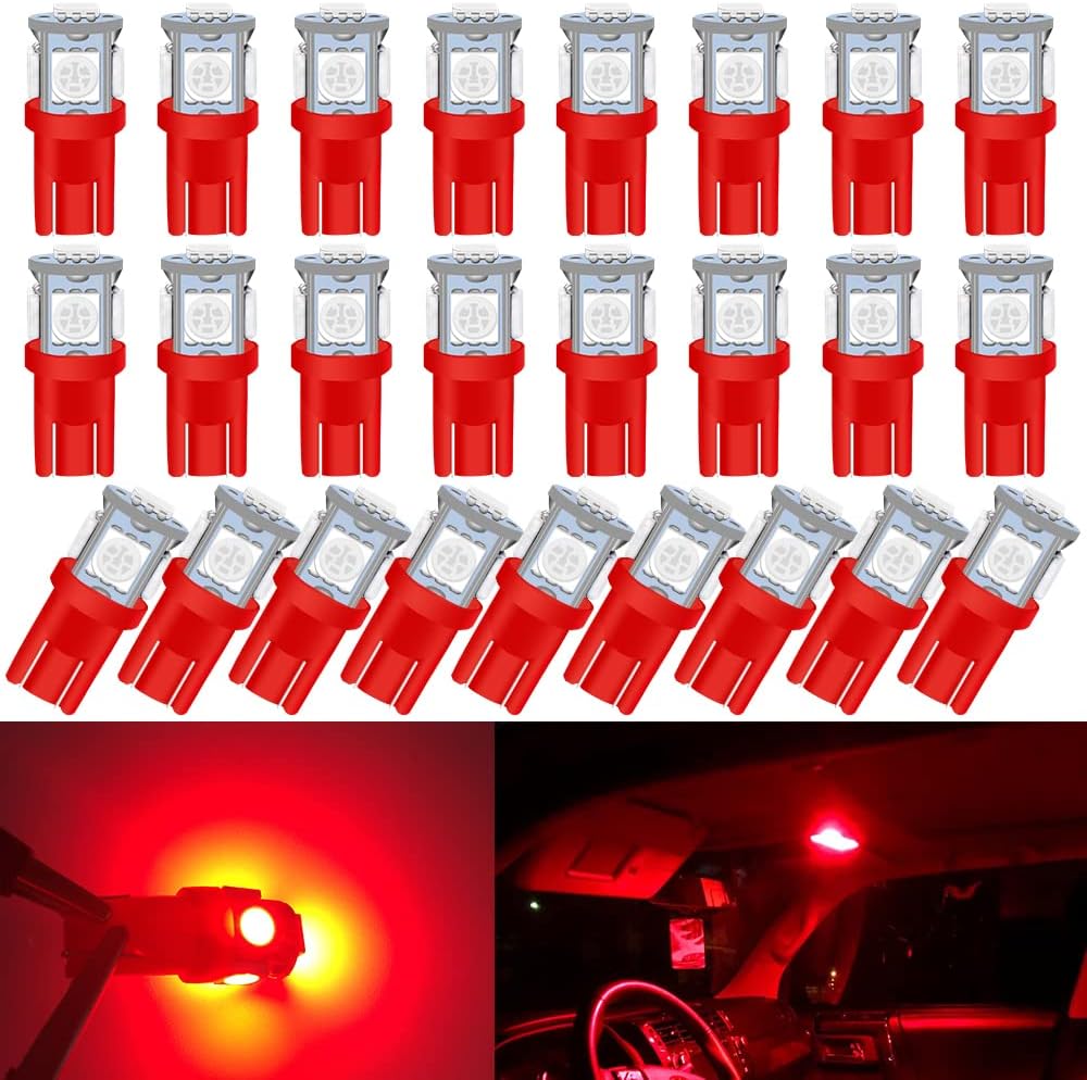 25-Pack 194 LED Light Bulb, Super Bright T10 LED Bulb Red, 2825 Bulb 5050 Chipset 5-SMD, W5W 168 LED Bulbs Replacement for 12V Car Interior Dome Map Door Courtesy License Plate Lights