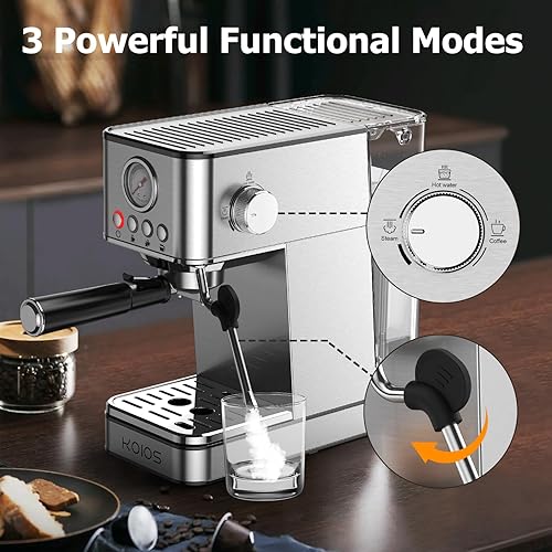 Miniatura 6 de KOIOS Máquina de café expreso con varita de vapor, cafetera compacta de 20 bares, máquinas de café expresso de acero inoxidable con tanque de agua