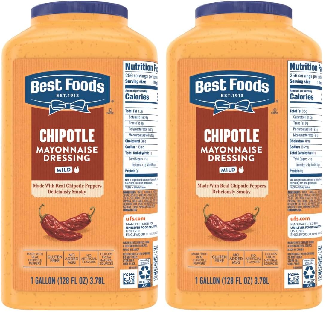 Best Foods Chipotle Mayonnaise, Jar, Ready to Use, Condiment for Sandwiches, Salads, Mayo Made with 100% Cage Free Eggs, Gluten Free, Vegetarian, Kosher, 1 Gallon, 128 oz (Pack of 2)