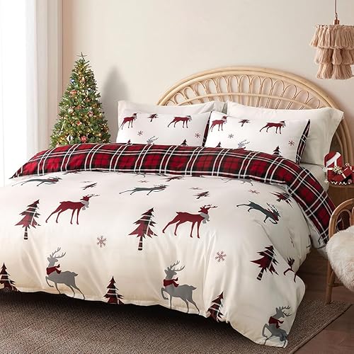 Miniatura 2 de Lekesky Funda de edredón de Navidad, tamaño King, juego de ropa de cama reversible de 3 piezas con cierre de cremallera y lazos en las esquinas (1