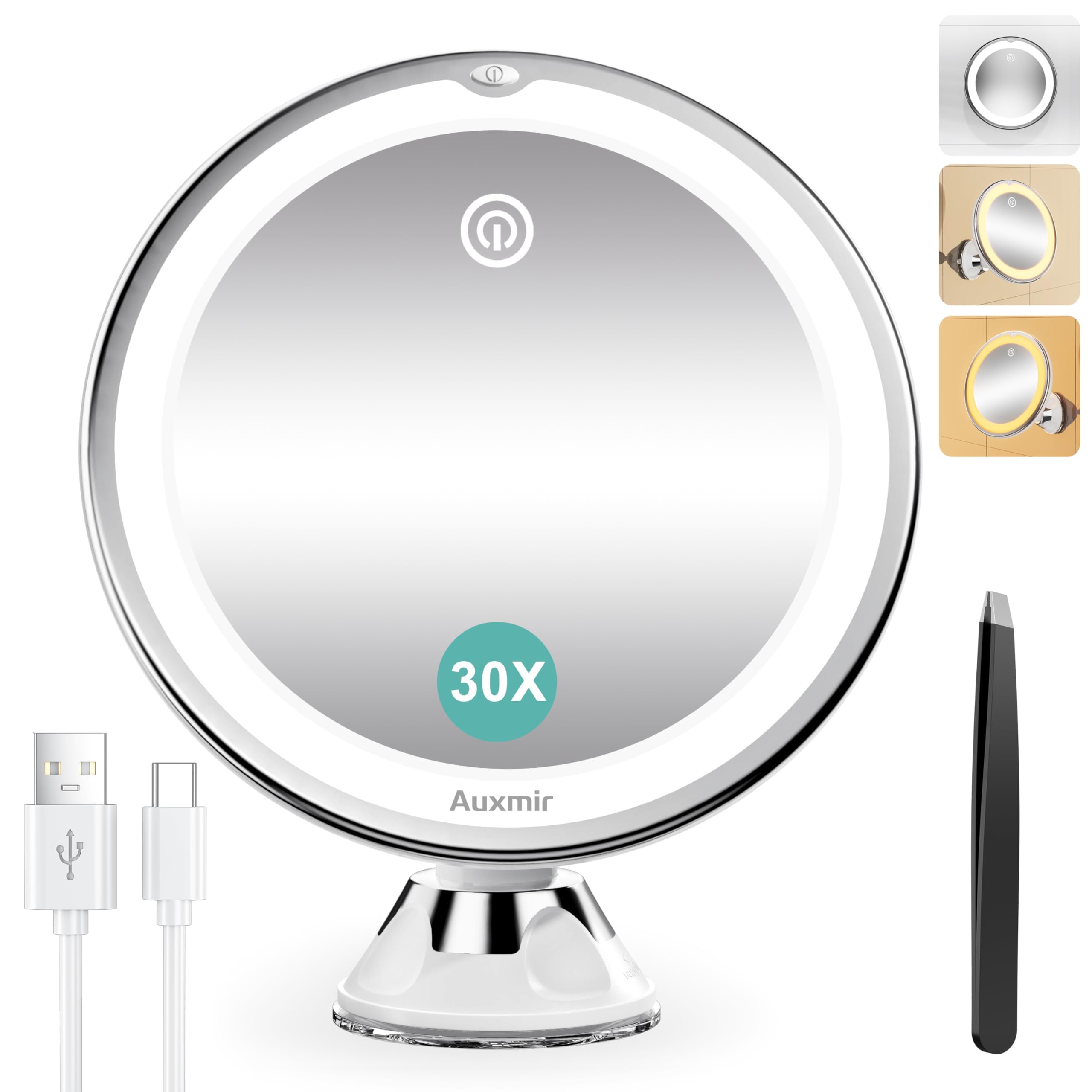 Auxmir Espejo Maquillaje con Luz LED, 30X Espejo Aumento con Ventosa, USB Recargable, 360 Giratorio, 3 Colores de Luz, Inalámbrico para Pared Baño Viaje, Afeitado Depilación Cejas, Redondo