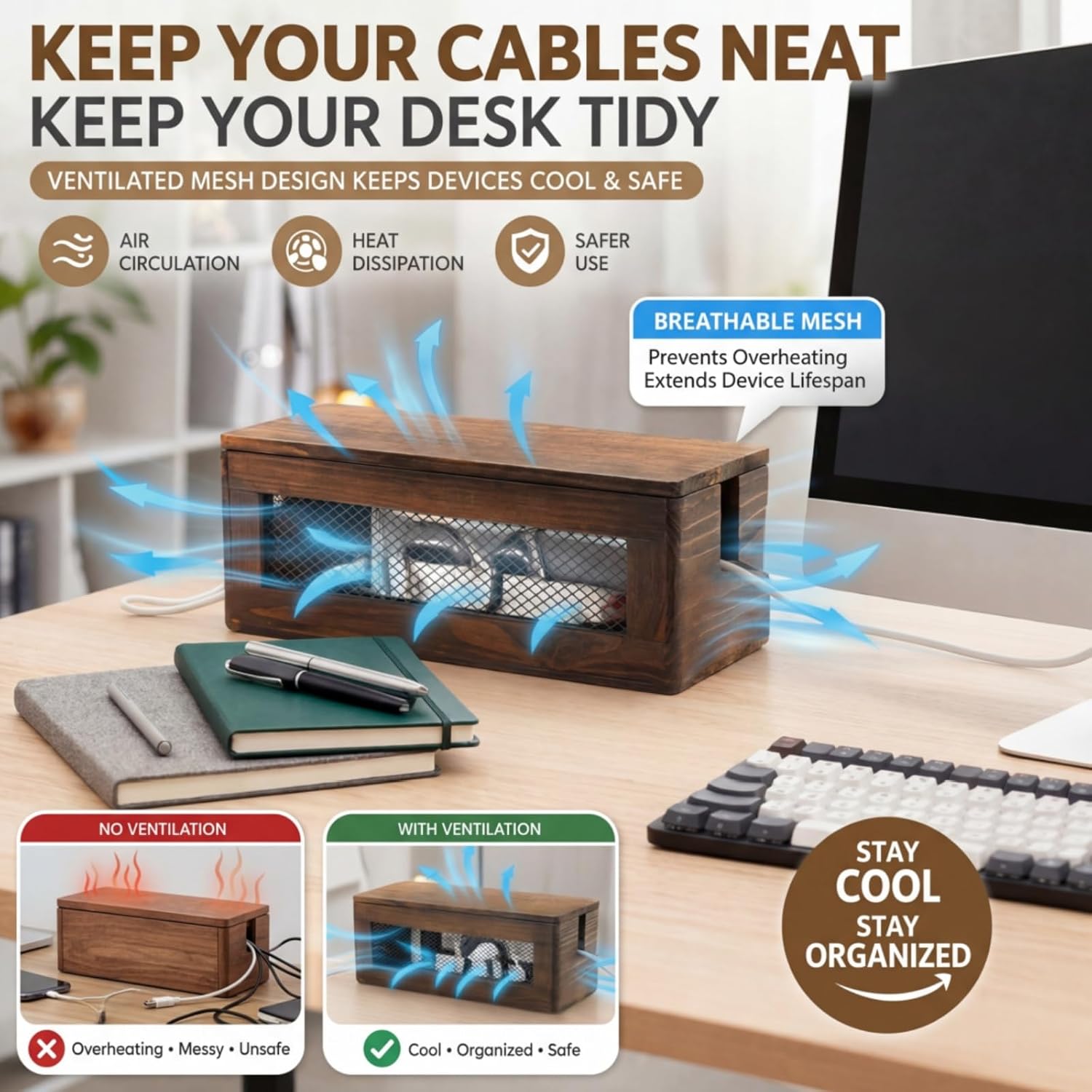 Chunful Extra Large Cable Management Box, 16'' Wood Cord Hider Organizer with Magnetic Lid & Organizer for Power Strip, TV Wires & Desk Cable Storage, Ventilation Hide Floor Cables