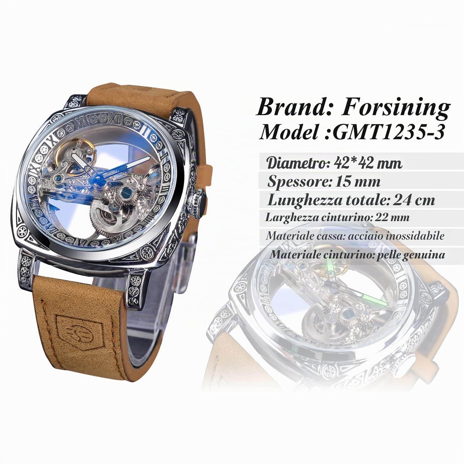 FORSINING Orologio da polso da uomo, alla moda, classico, scheletrato, quadrato, quadrante trasparente, automatico, meccanico, in pelle, luminoso, impermeabile