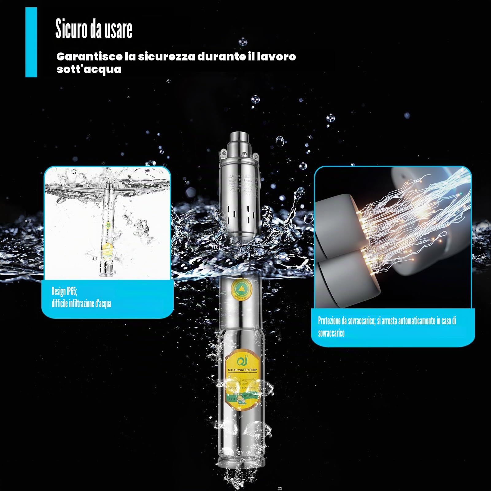 Pompa solare per pozzo profondo DC 24V 370W, pompa sommersa in acciaio inossidabile, altezza massima di sollevamento 65m, portata nominale 2m³/h, pompa solare sommersa per pozzo, irrigazione per