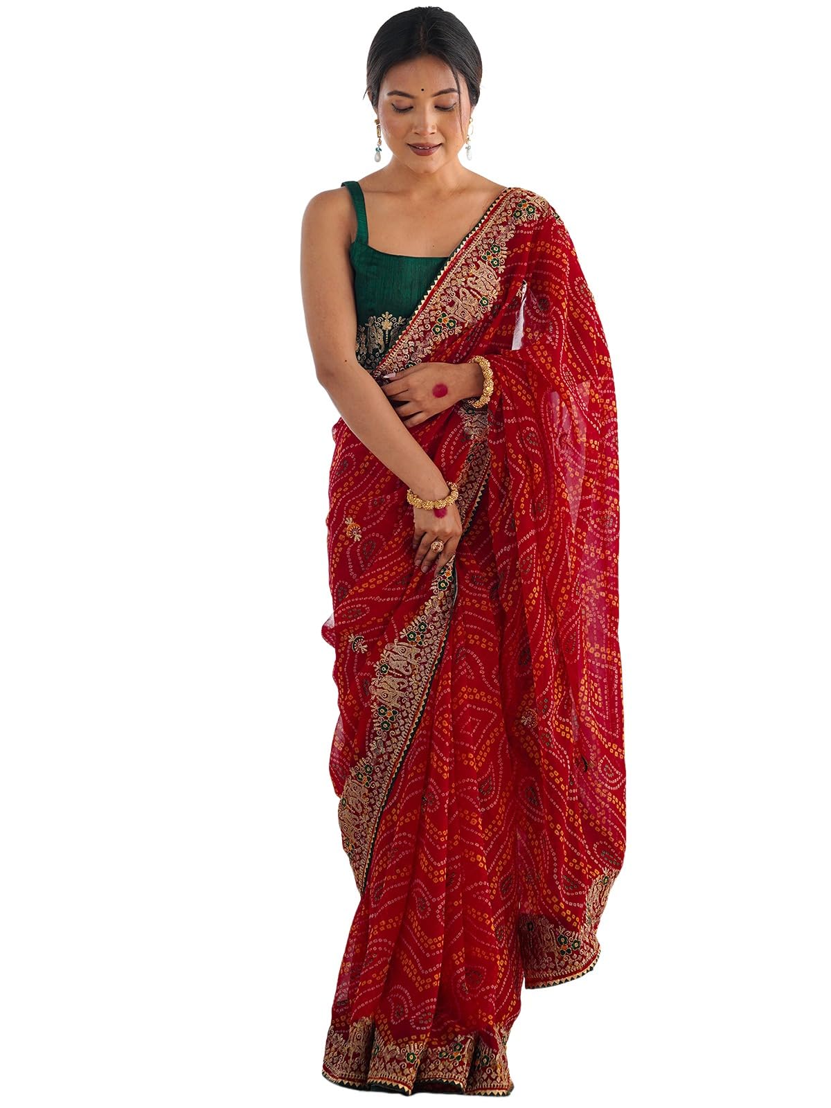 Women's Georgette Bandhani Printed Embroidery Saree with Unstitched Blouse Piece-image-38