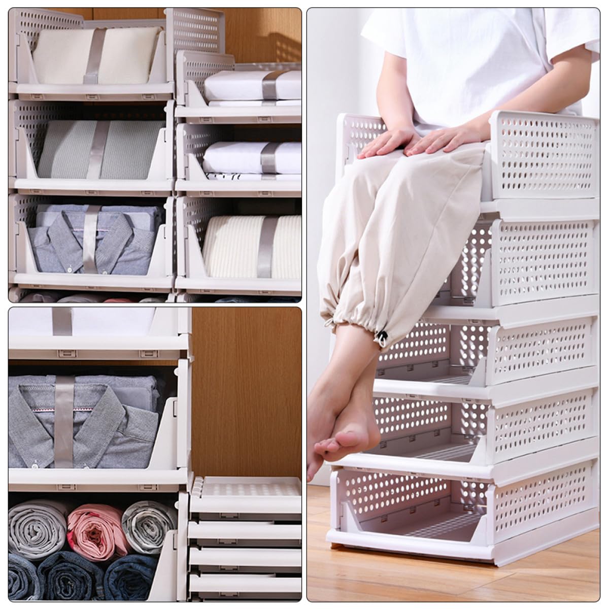 Kichvoe Organizzatore Armadio 2 Pezzi Cassetti Impilabili in Plastica 43x18x32,3 Cm Scomparti e Ventilazione per Guardaroba e Camera da Letto