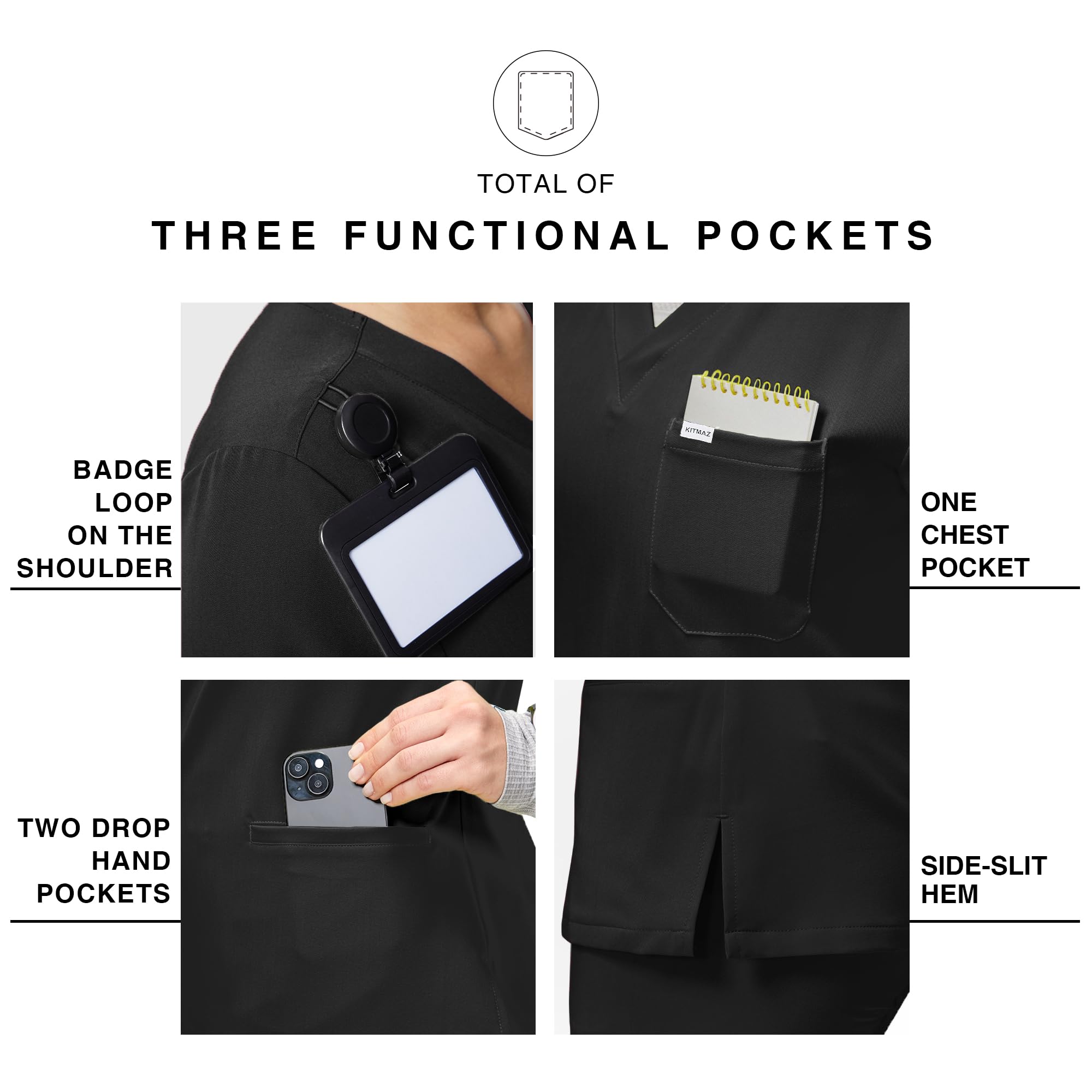 Kitmaz Médicale Femmes - Avec Col V, 3 Poches, Vêtements Professionnels, Uniformes Médicales, Stretch à 4 Directions & Anti-froissure