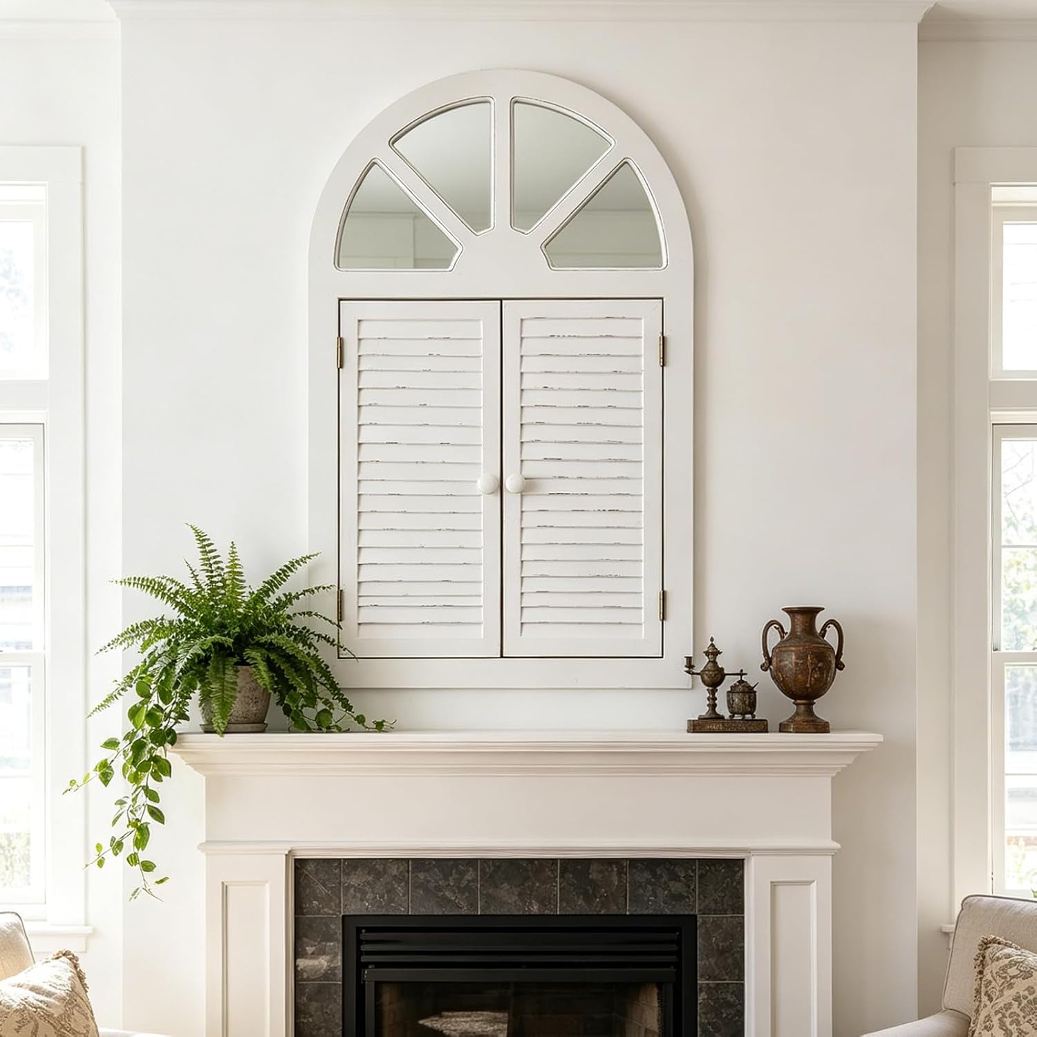 Rustic Arched Window Mirror with Shutters 42 X 25 Inch, Hanging Distressed White Farmhouse Window Pane Mirror Wall Decor for Living Room Entryway Hallway Bathroom Bedroom