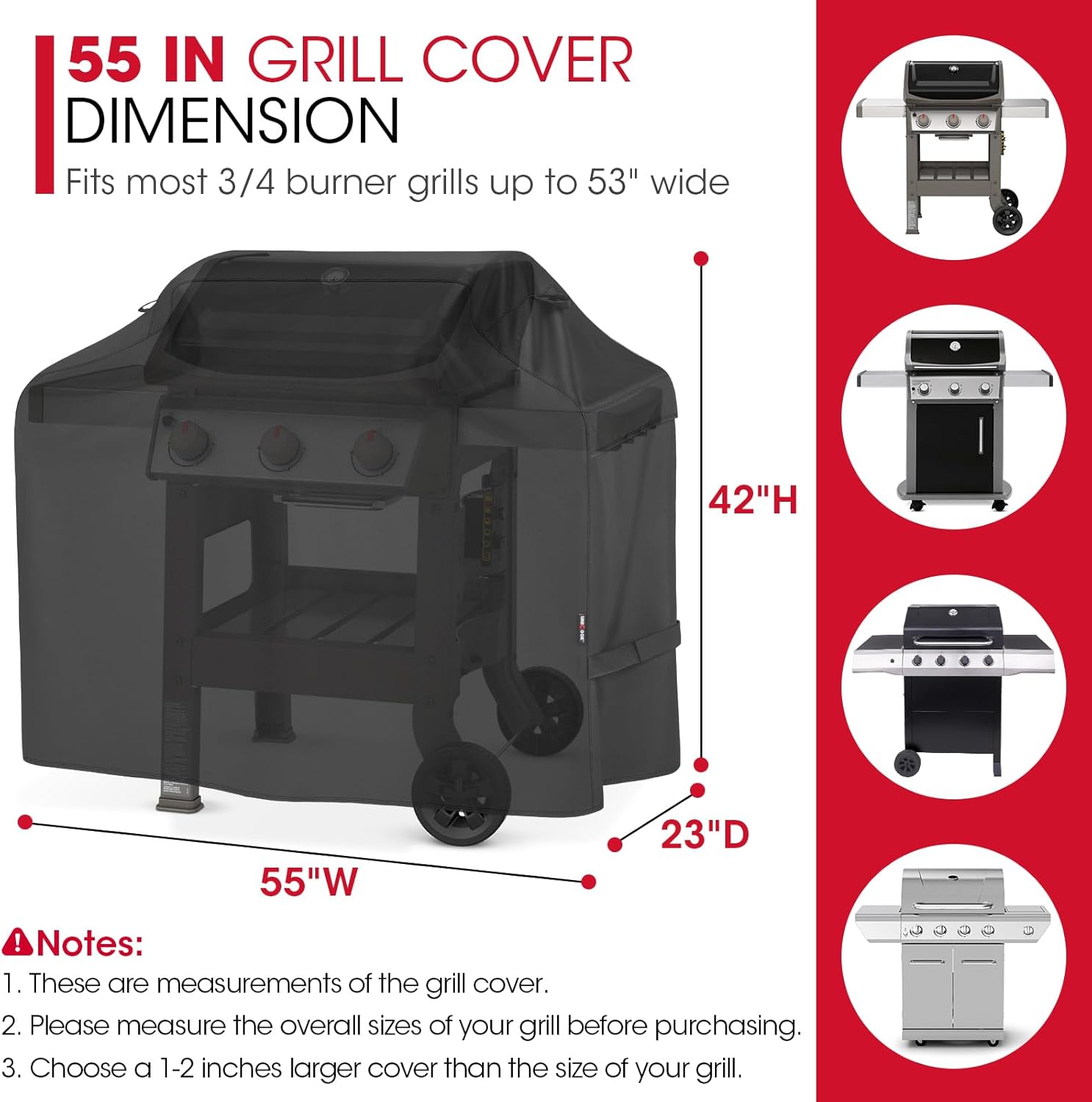 Unicook Grill Cover 55 Inch for Outdoor Grill, Heavy Duty Waterproof BBQ Cover with Side Handles and Air Vents, Weather Resistant, Compatible with Weber Charbroil Nexgrill Kenmore Gas BBQs, Black - Image 2