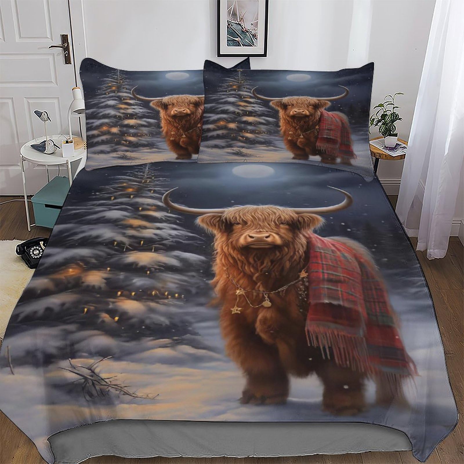 LLXXHH Highland Cow Xmas Duvet Cover Set Microfiber Bedding Set Quilt Cover 3 Pieces with Pillowcases For Boys Girls Comforter Cover King(220x240cm)