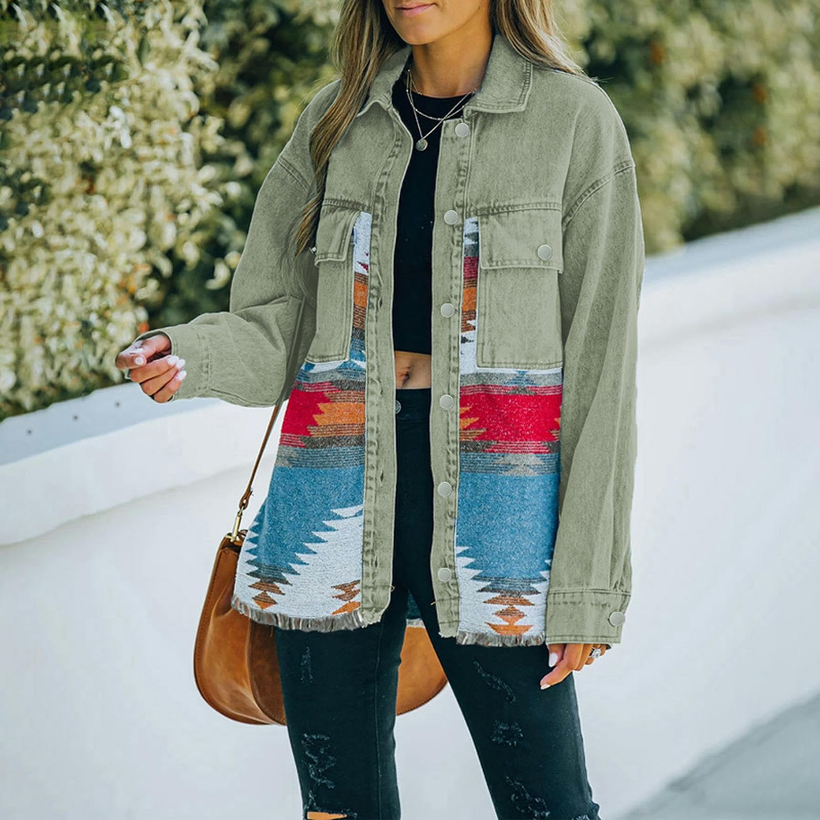 Jeans Casual chaquetas 2023 Otoño Invierno nuevo azteca solapa bolsillo Denim abrigo Patchwork manga larga lana mujer chaqueta Retro