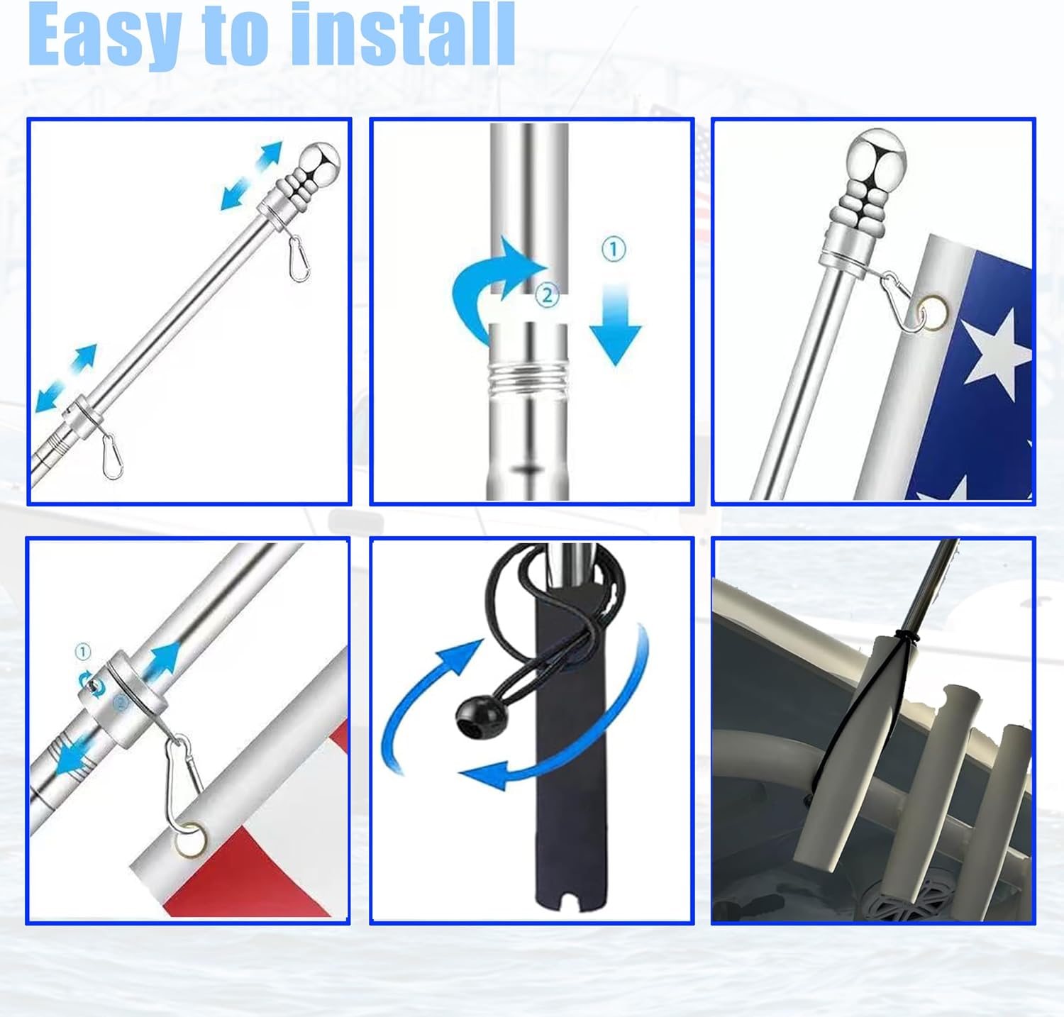 Universal Boat Flag Pole with 16" x 24" American Flag,4 Foot Stainless Steel Pontoon Boat Flag,Thick Wall Flag Pole,with EVA Foam Grip and Bungee Cord Retainer - Image 5