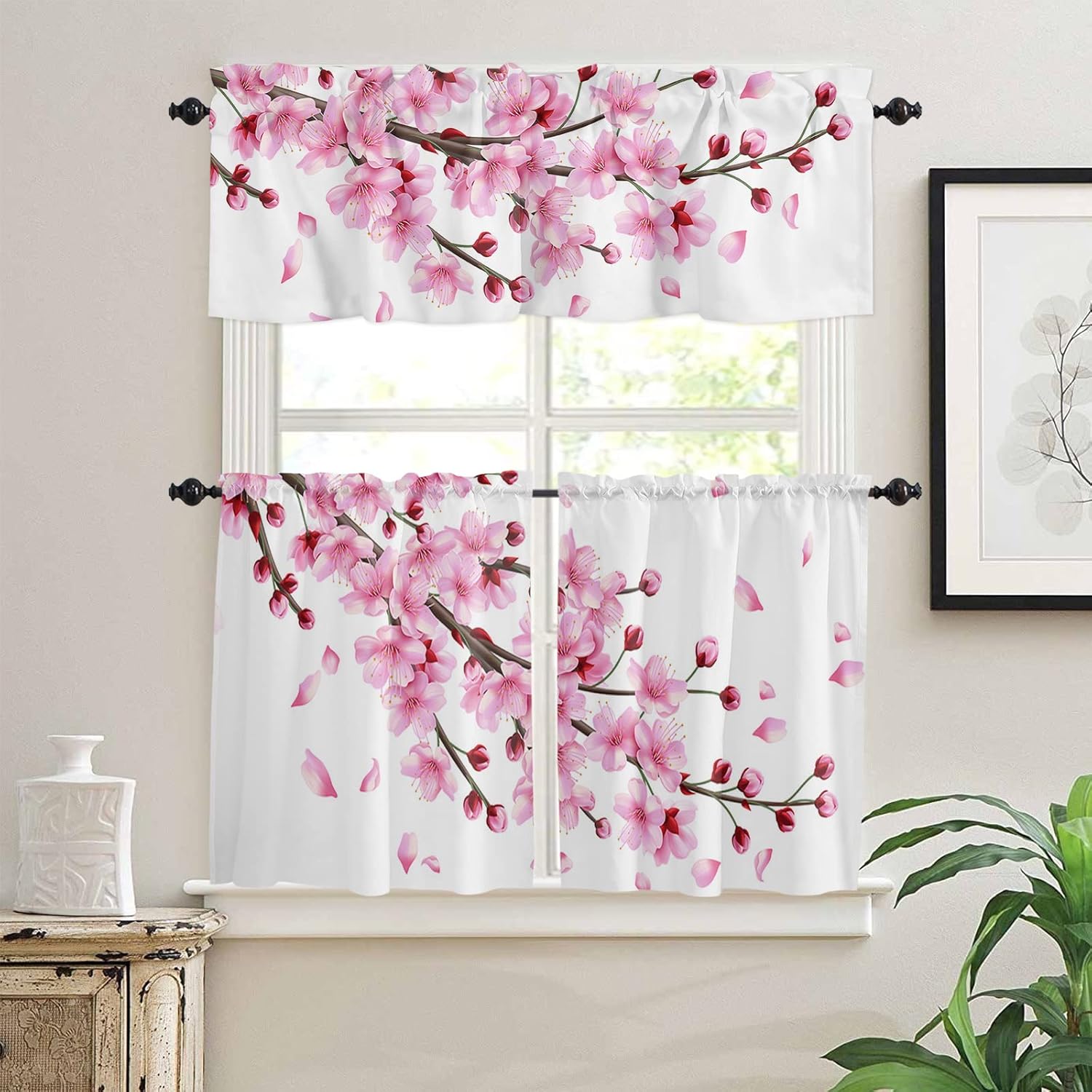 3 Pieces Kitchen Curtains & Valances Set, Cherry Blossoms Flower, Short Curtain Rod Pocket Window Curtain, Spring Pink Floral, Window Treatment Tiers Valances (Single Panel 54"x18",2 Tiers 27.5"x36")