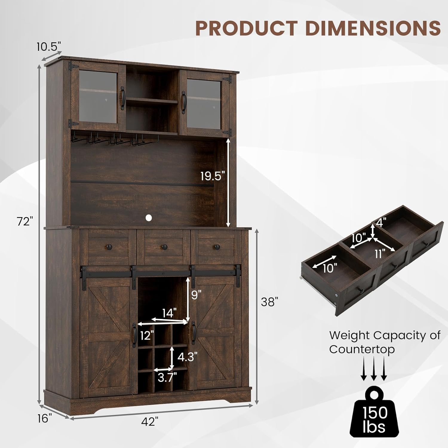 Giantex 72" Farmhouse Coffee Bar Cabinet w/Glass Doors & Wine Racks, Tall Pantry Cabinet w/ 3 Drawers & 2 Sliding Barn Doors, Hutch Cabinet Buffet Sideboard Cupboard for Kitchen, Dining Room, Brown