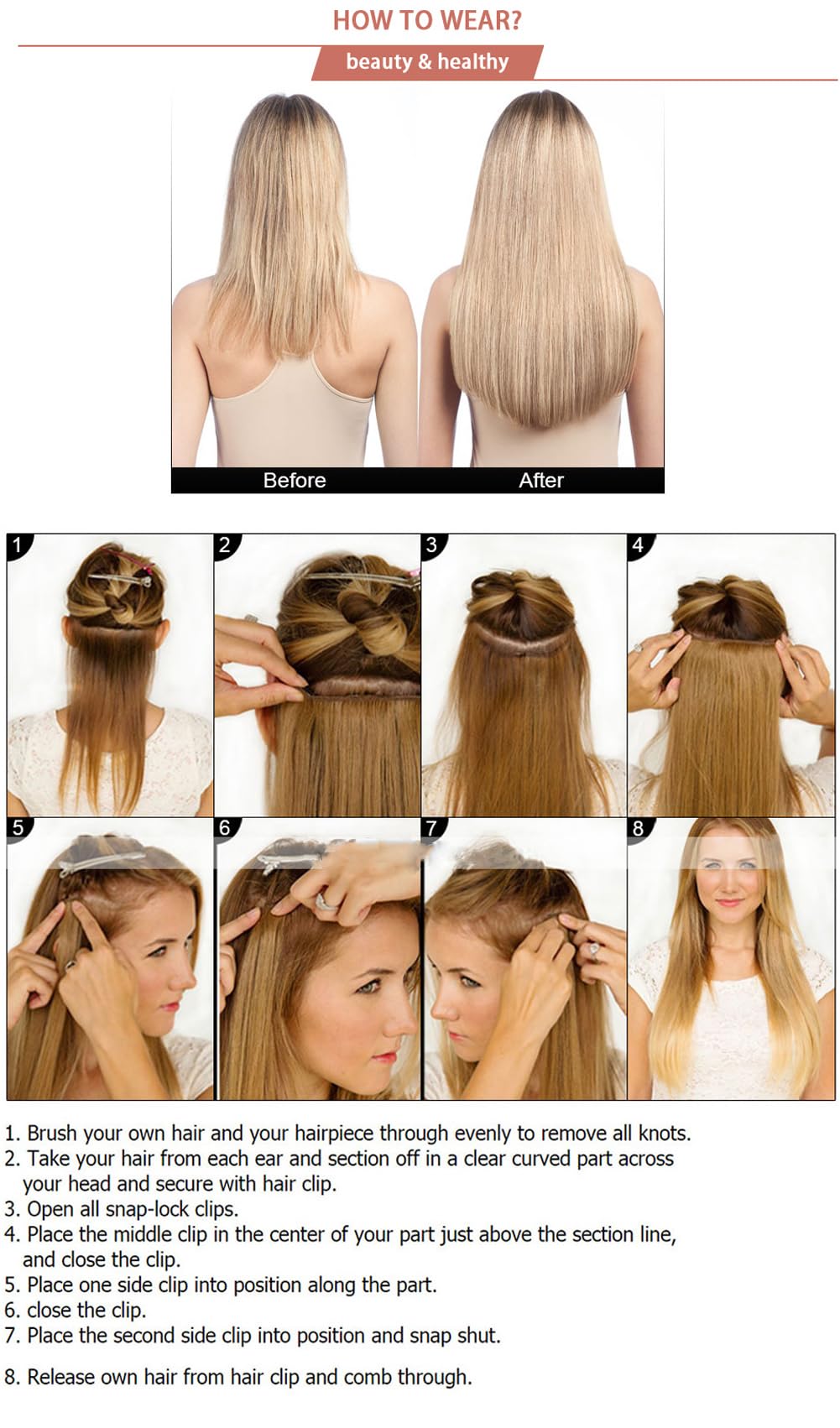 Lot de 7 extensions de cheveux à clipser pour femme - 55,9 cm - Cheveux longs et lisses - Double trame - Cheveux synthétiques épais - Pour Halloween - Cosplay - Usage quotidien (M4/30#)