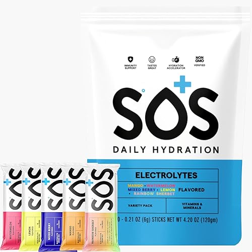SOS Mezcla de bebida en polvo de electrolitos de hidratación  20 porciones  Vitaminas esenciales  Bajo en azúcar  Suplemento de hidratación apto