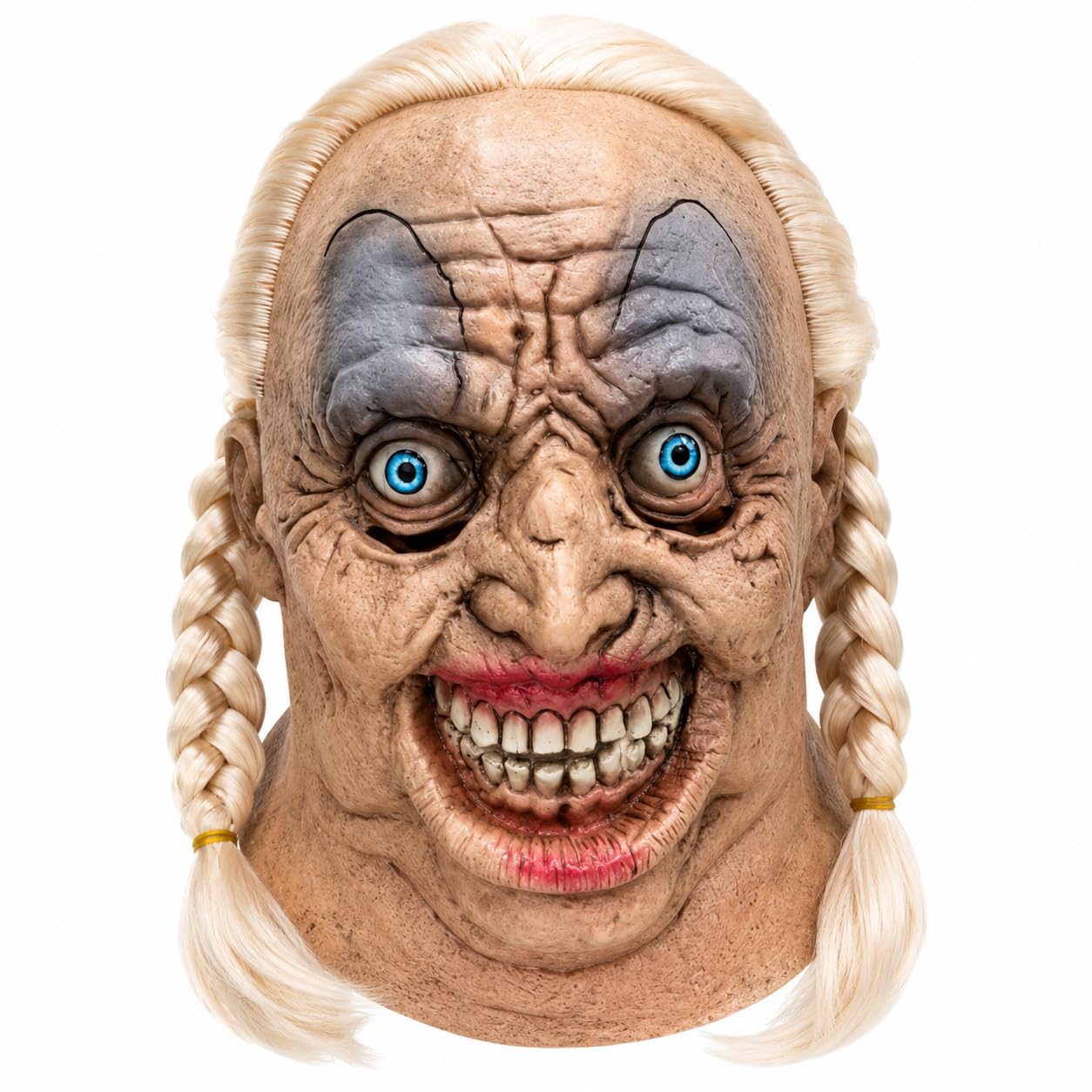Scary Old Woman Mask Gold Braids Creepy Doll Full Head Latex Halloween Prop