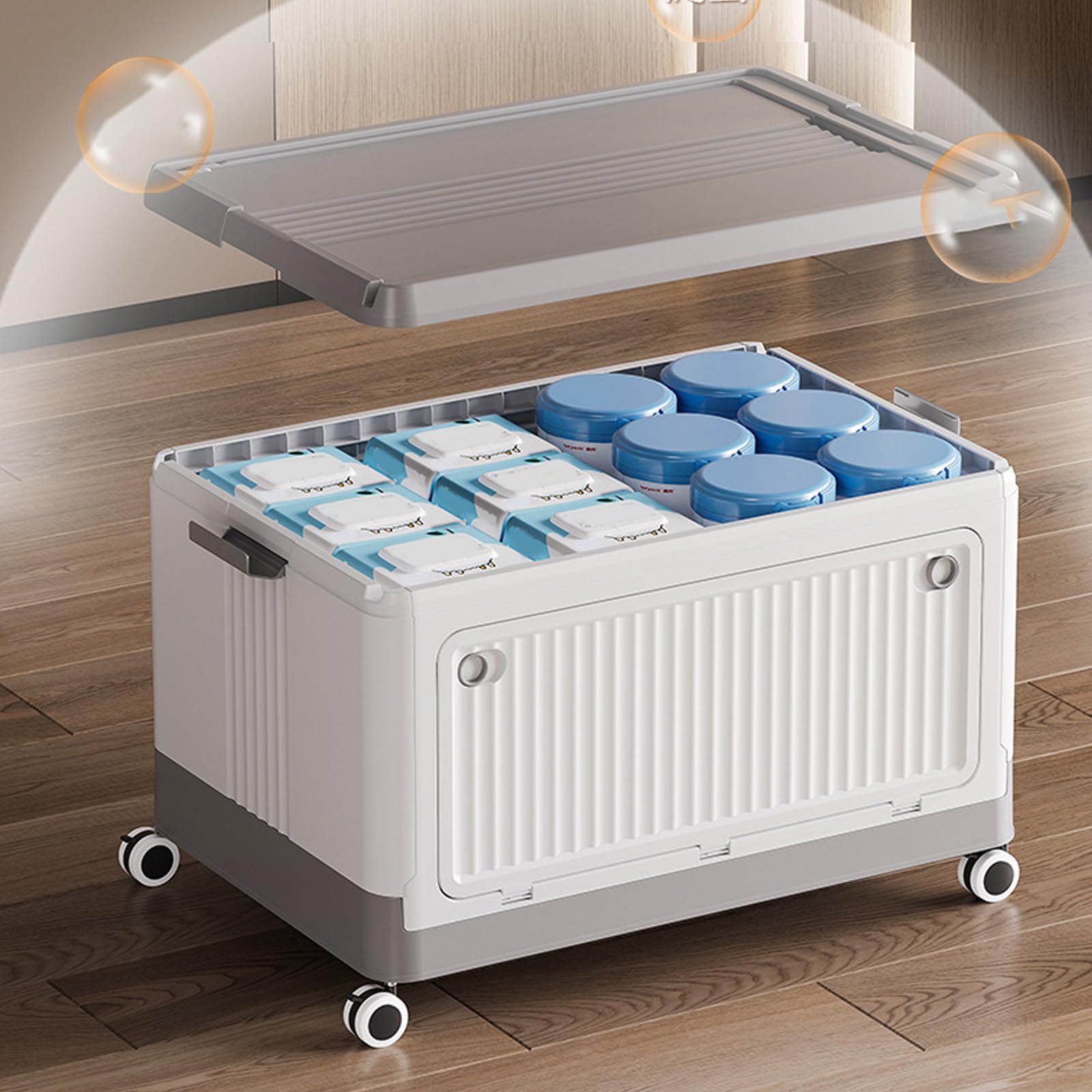 SIXRUN Contenitore Portaoggetti con Rotelle e Coperchio, PP Pieghevole Impilabile con Maniglia, Grande Capacità per Vestiti Libri Snack