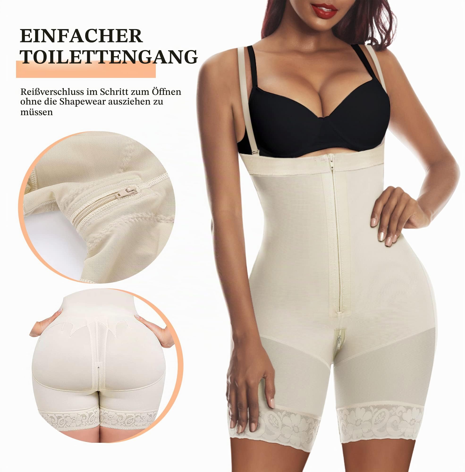 YIANNA Shapewear Damen Bauchweg Body Stark Formend Miederbody mit Bein Shaper Bodyformer Fajas Colombianas Mieder Bodyshape Zipper Beige XL 7257