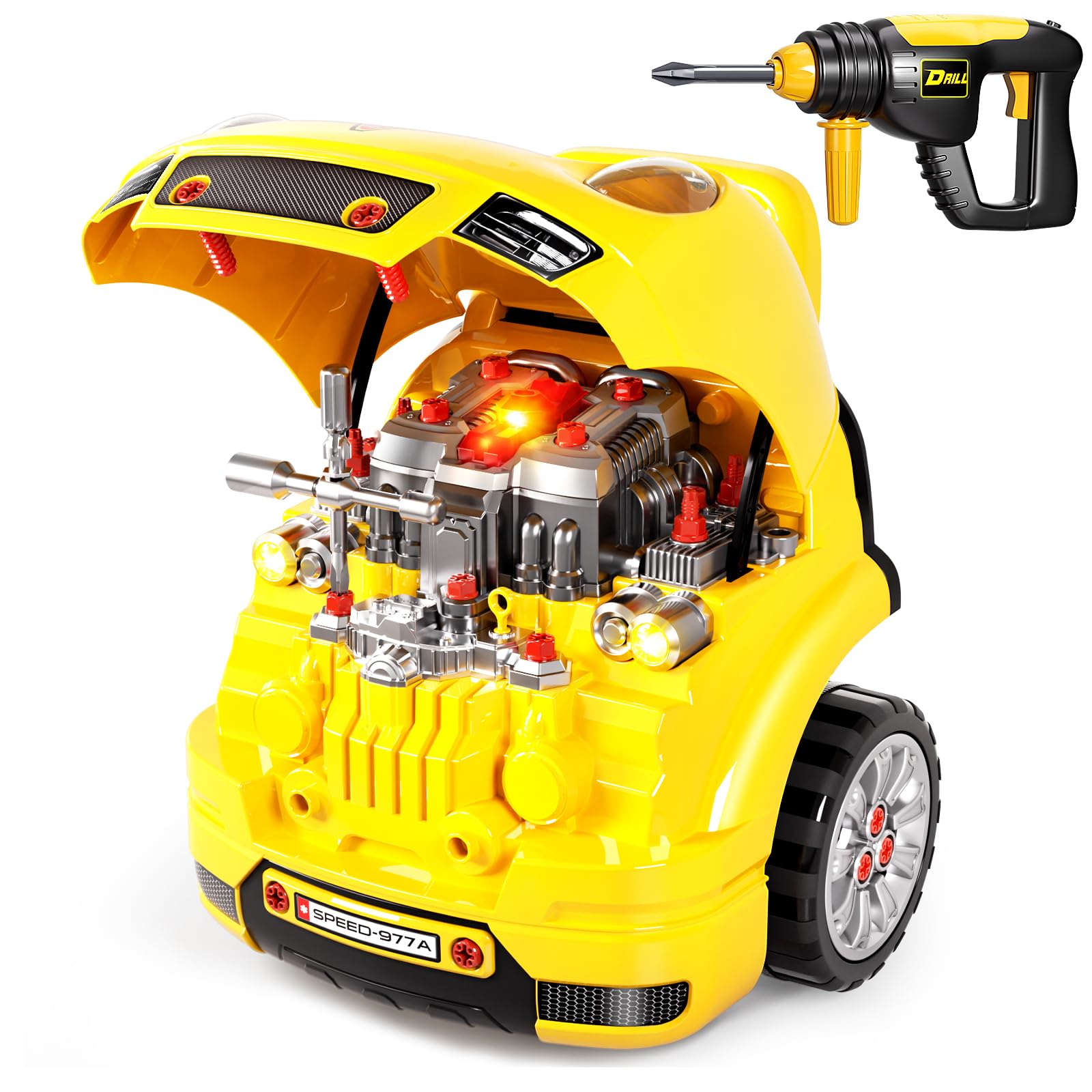 Deejoy Large Truck Builder Kit for Toddlers 3-5, Kids Mechanic Workshop Set with Light and Sound, Removable Engine, Yellow, 15.3x18.7inch