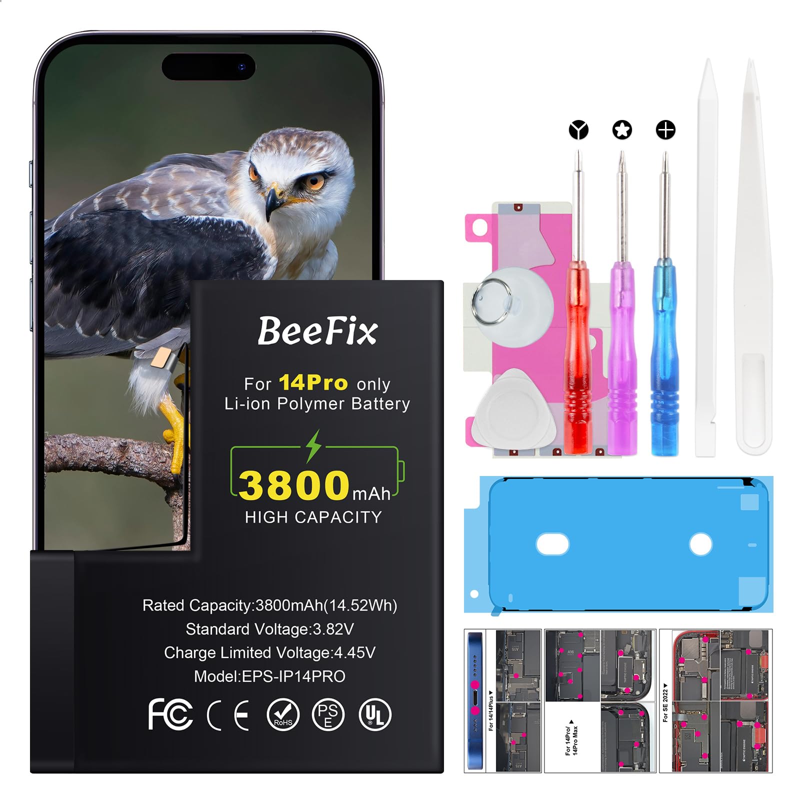 Batteria per iPhone 14 Pro: Batteria Li-Ion 3800mAh alta capacità per iPhone 14 Pro con strumenti riparazione professionali Compatibile con modelli A2890/ A2650/ A2889/ A2892/ A2891