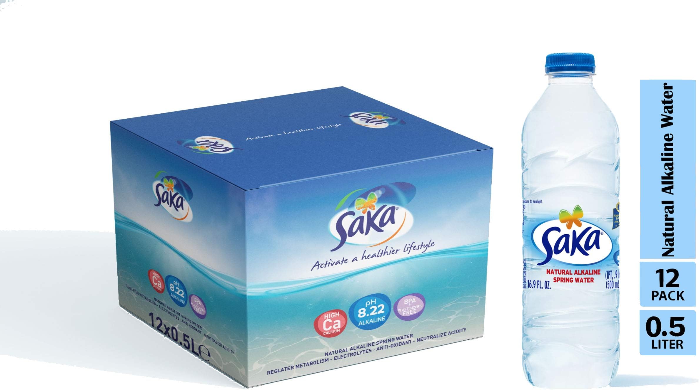 SAKA Spring Water Bottles; 12 Pack 16.9 Fl. Oz (12x 0.5L) Natural Alkaline Bottled Water; 8.22 pH Water; Electrolytes for Taste; Better Re-hydration; Pure Drinking Water …