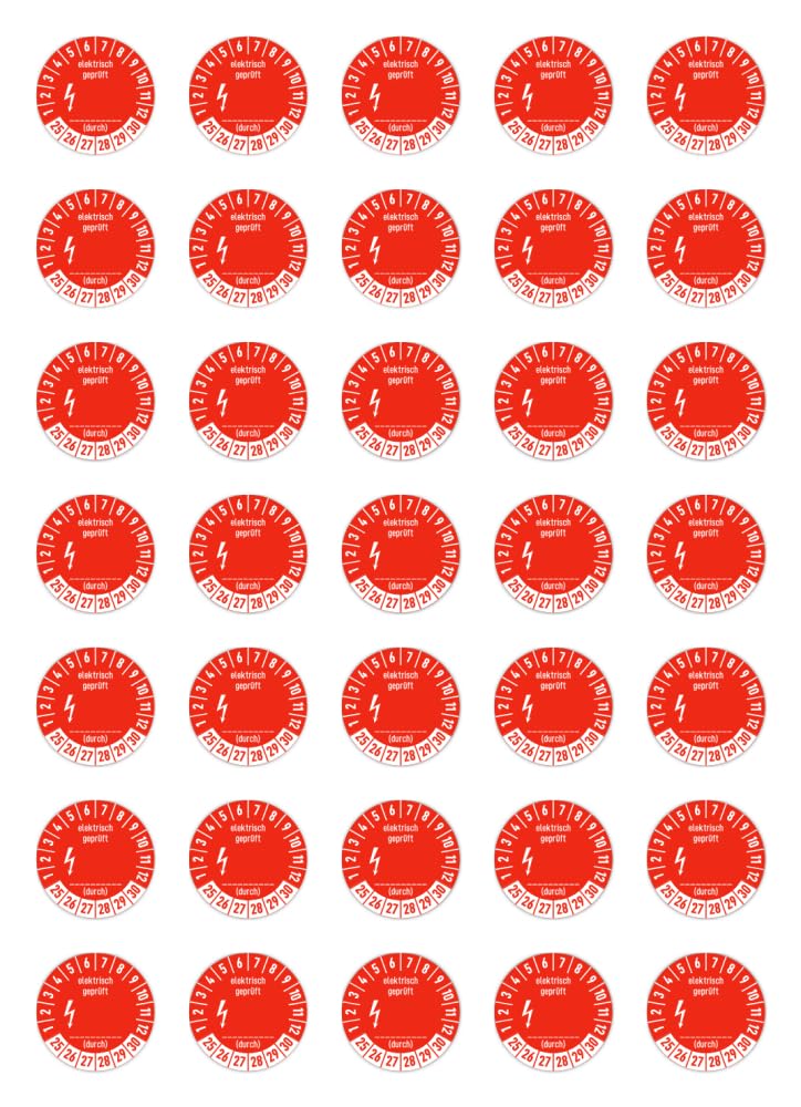 Aufkleber: ⌀ 20 mm, 35 Stück, rot, Mehrjahresprüfplakette, 2025, 2026, 2027, 2028, 2029, 2030, Hochleistungsfolie, Sprache: deutsch, Text: elektrisch geprüft (durch)