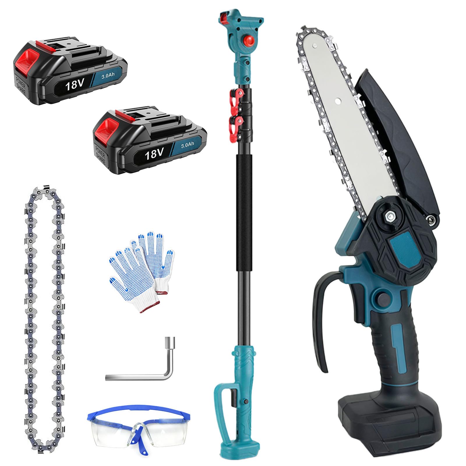 2-in-1 Akku Hochentaster, Akku kettensäge mit 2x 3.0Ah Akku & Ladegerät, Teleskopstiel 1,3-2,5M ausziehbar, 4100 RPM, 180° drehbarer, Gartengerät zum Schneiden von Holz/Bäumen