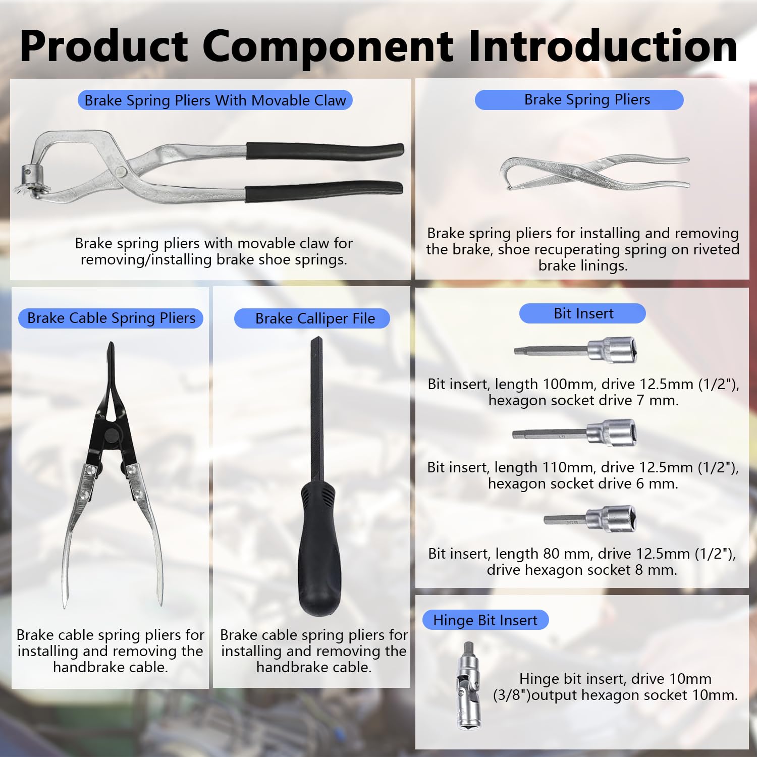 Kit de herramientas para tambor de freno de coche, 15 piezas, incluye herramientas para tambor de freno para sistemas de freno de disco y tambor, montaje en taller, incluye todo para el intercambio