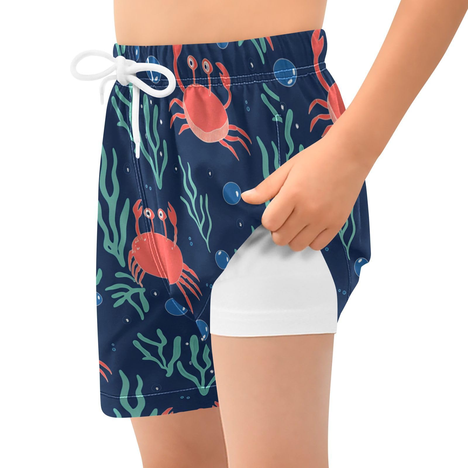 YANENDIE Boy Swim Trunks with Compression Liner Playful Crabs Blue Boys Swim Shorts Quick Dry Beach Shorts