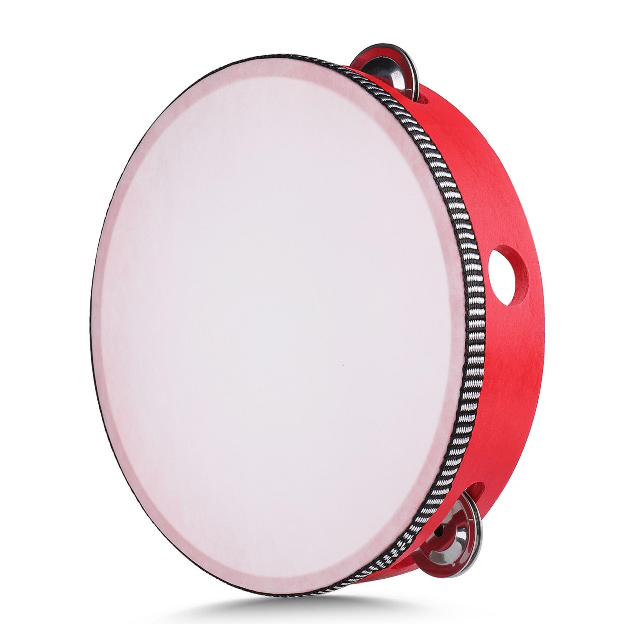 Flexzion 8-Inch Wood Tambourine for Adults, Double Row Jingles, Red
