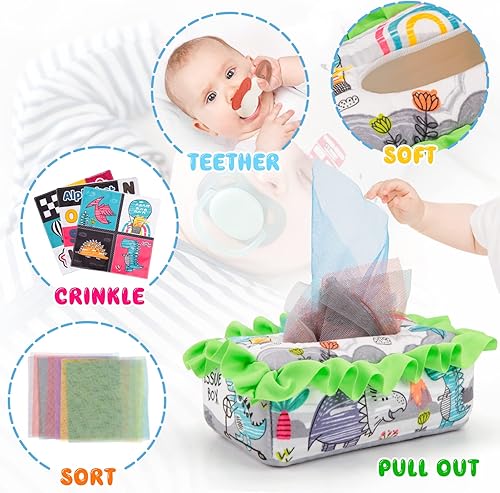 Miniatura 2 de GRFUEZTO Caja de pañuelos para bebés de 6 a 12 meses, juguetes Montessori para bebés de 6 a 12 meses, caja de pañuelos sensoriales con dentición